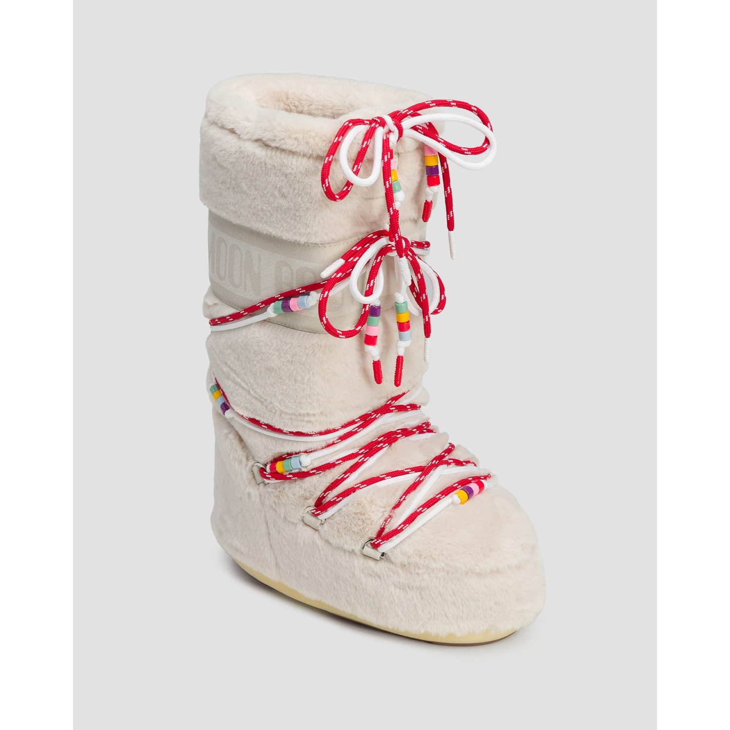 Beżowe Buty Zimowe Futrzane Damskie Moon Boot Icon Faux Fur Beads