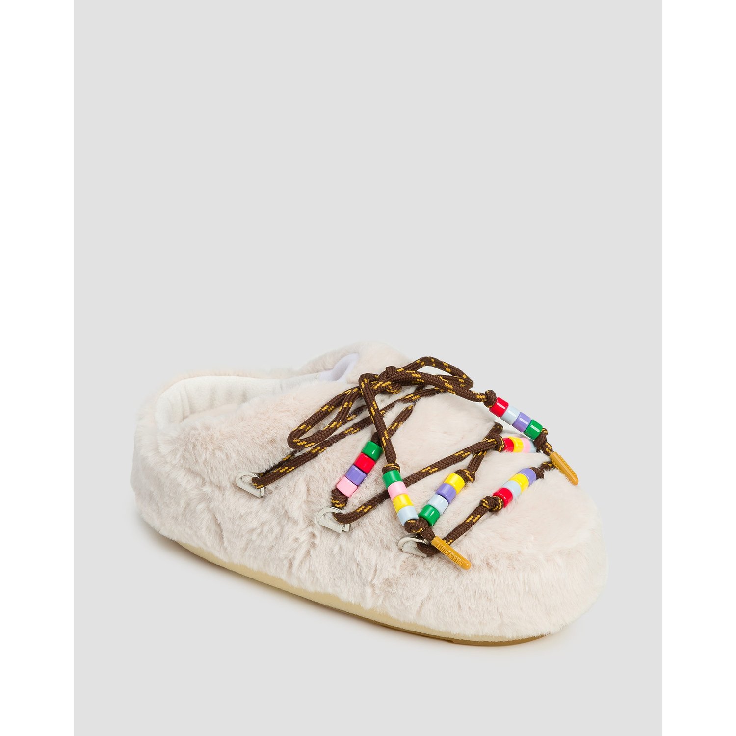 Beżowe Kapcie Futrzane Damskie Moon Boot Mule Faux Fur Beads