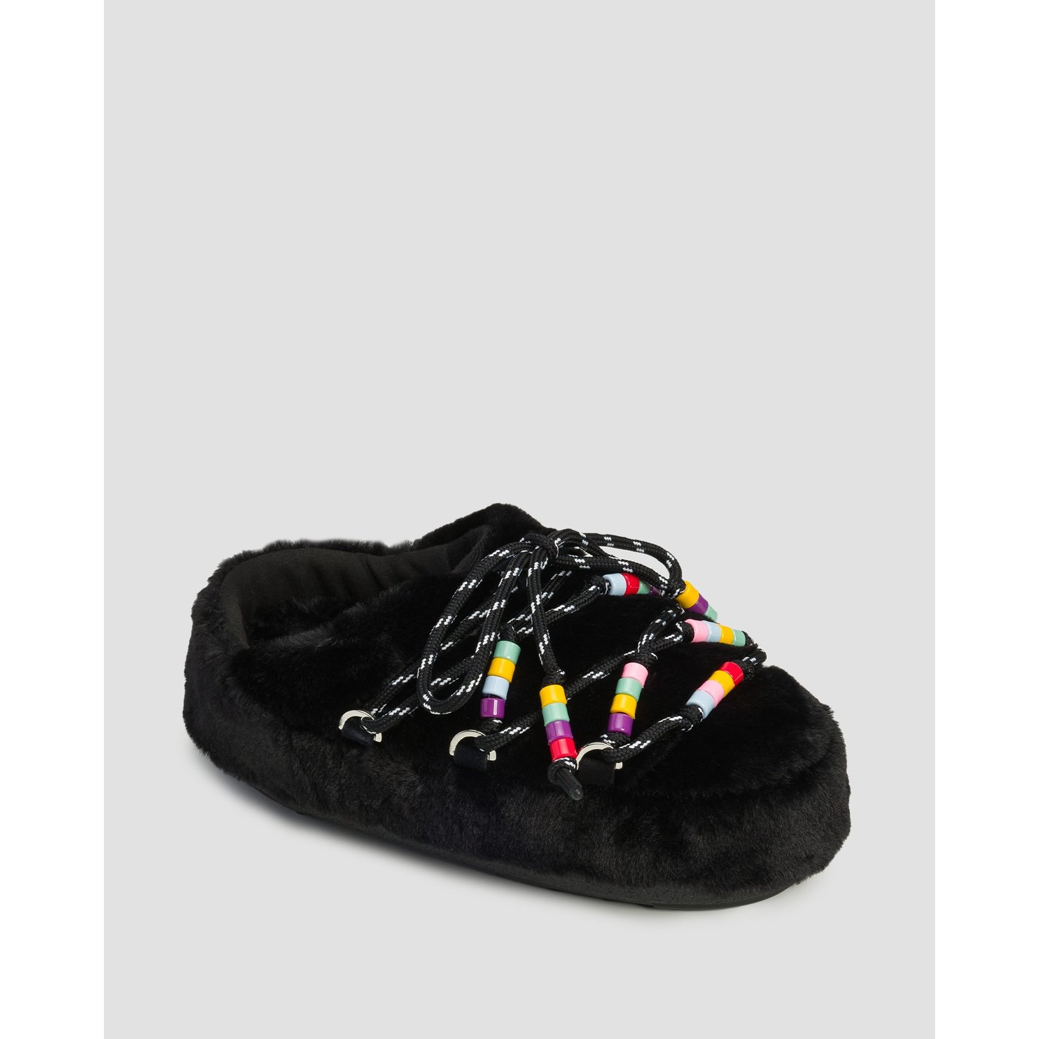 Czarne Kapcie Futrzane Damskie Moon Boot Mule Faux Fur Beads