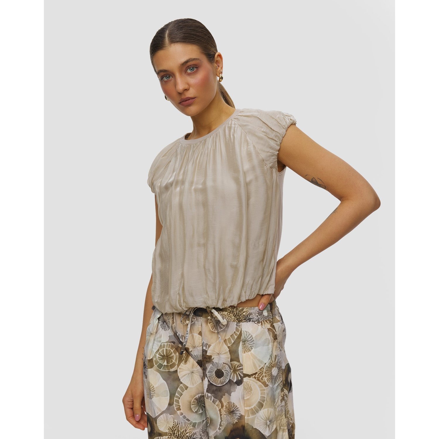 Beżowy Top Z Jedwabiem Damski Deha