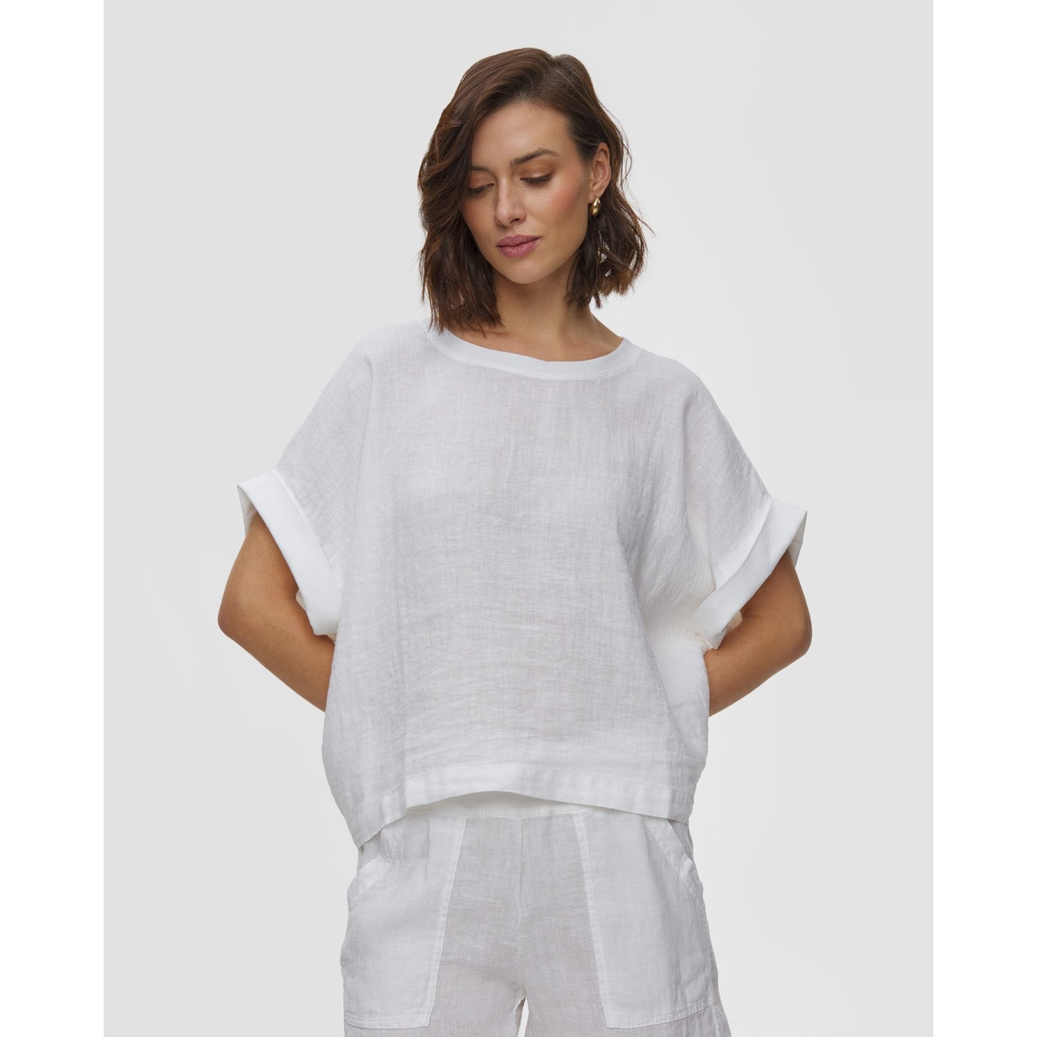 Biały Top Lniany Damski Deha