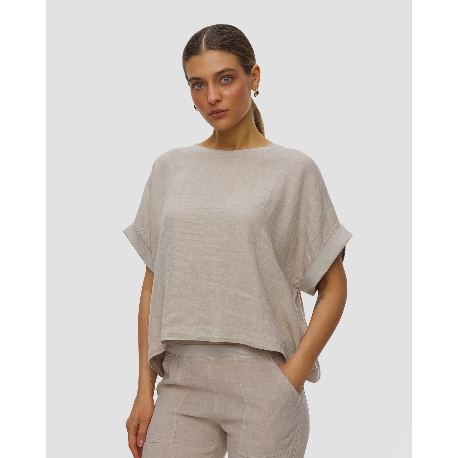 Beżowy Top Lniany Damski Deha