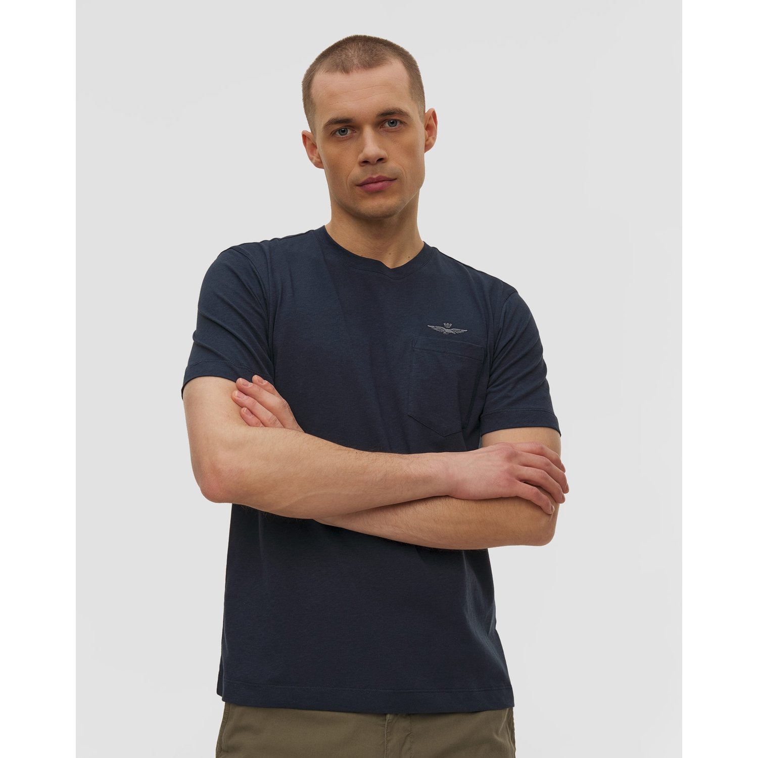 Granatowy T-shirt Z Lnem Męski Aeronautica Militare