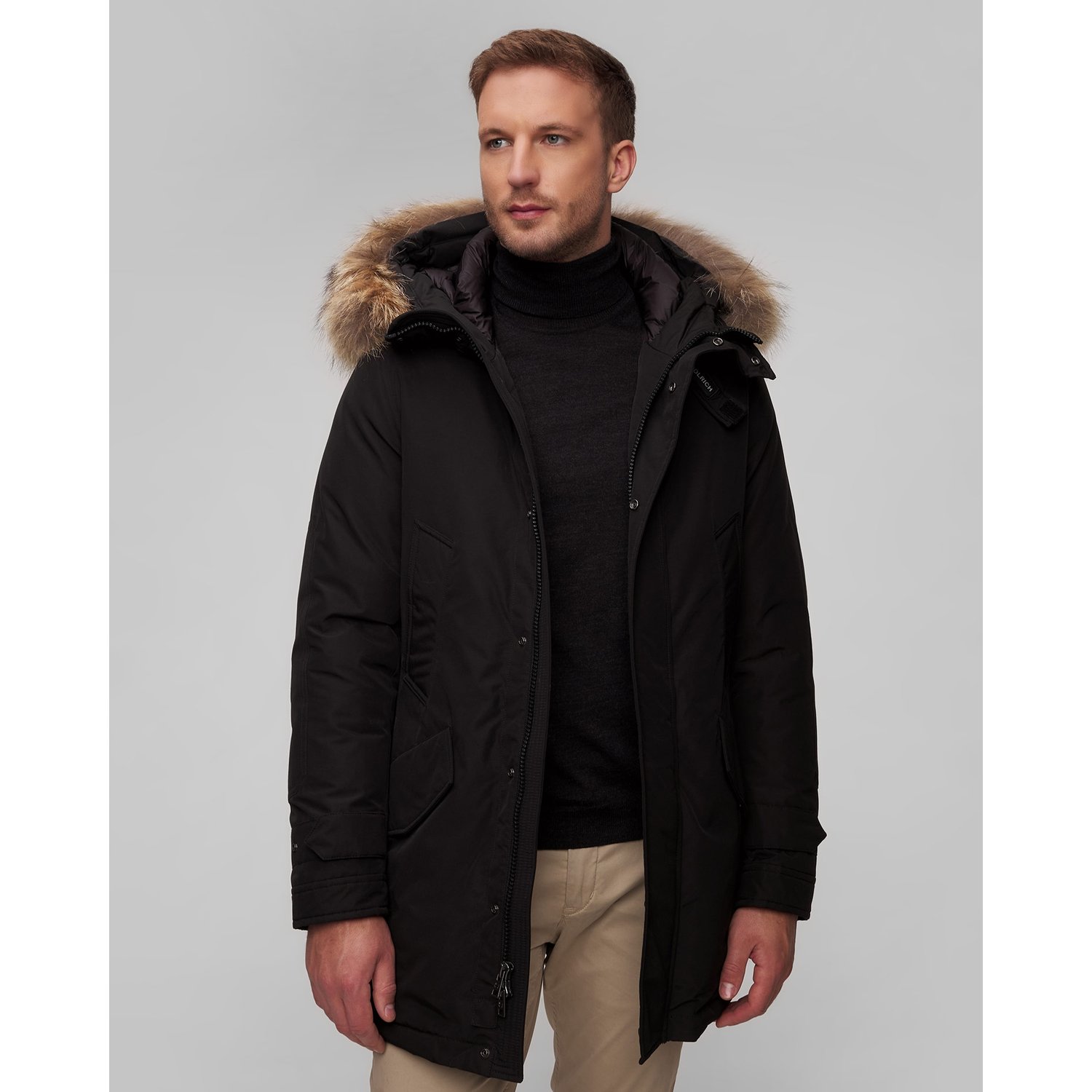 Czarna Kurtka Parka Puchowa Męska Woolrich Polar High Collar Fur Parka