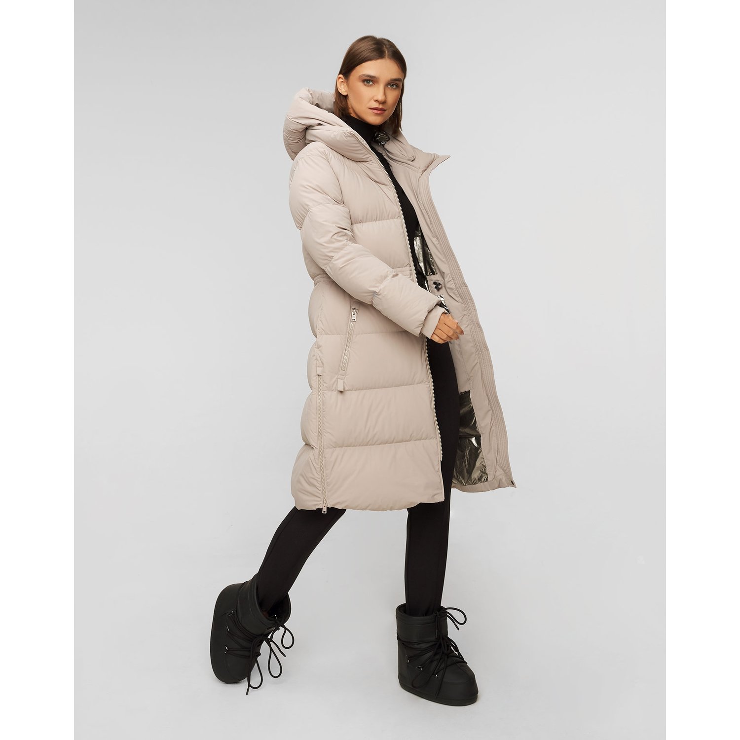 Beżowy Płaszcz Puchowy Damski Woolrich Matt Stretch Long Puffer Parka