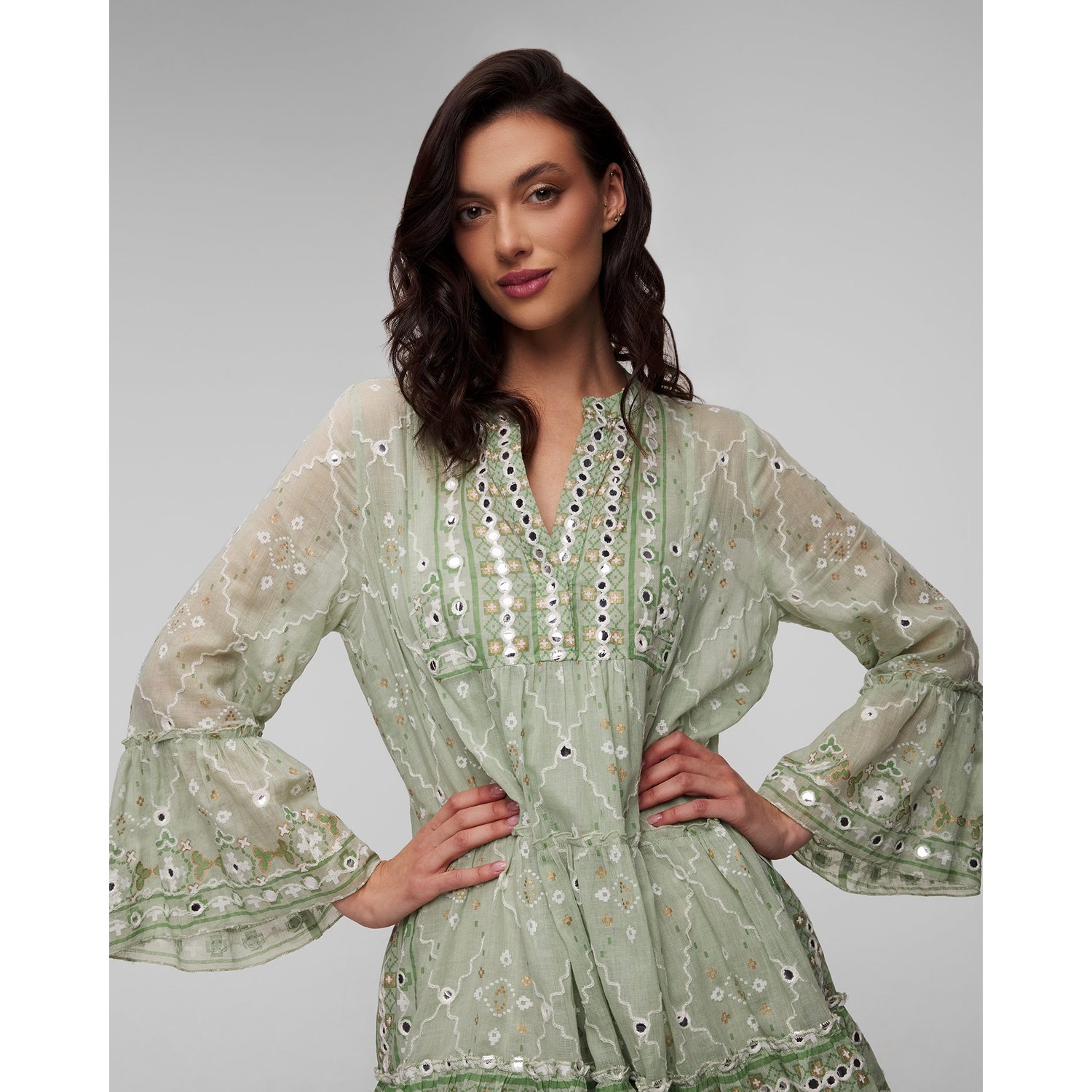 Zielona Sukienka Damska Juliet Dunn Mosaic Flared Sleeve