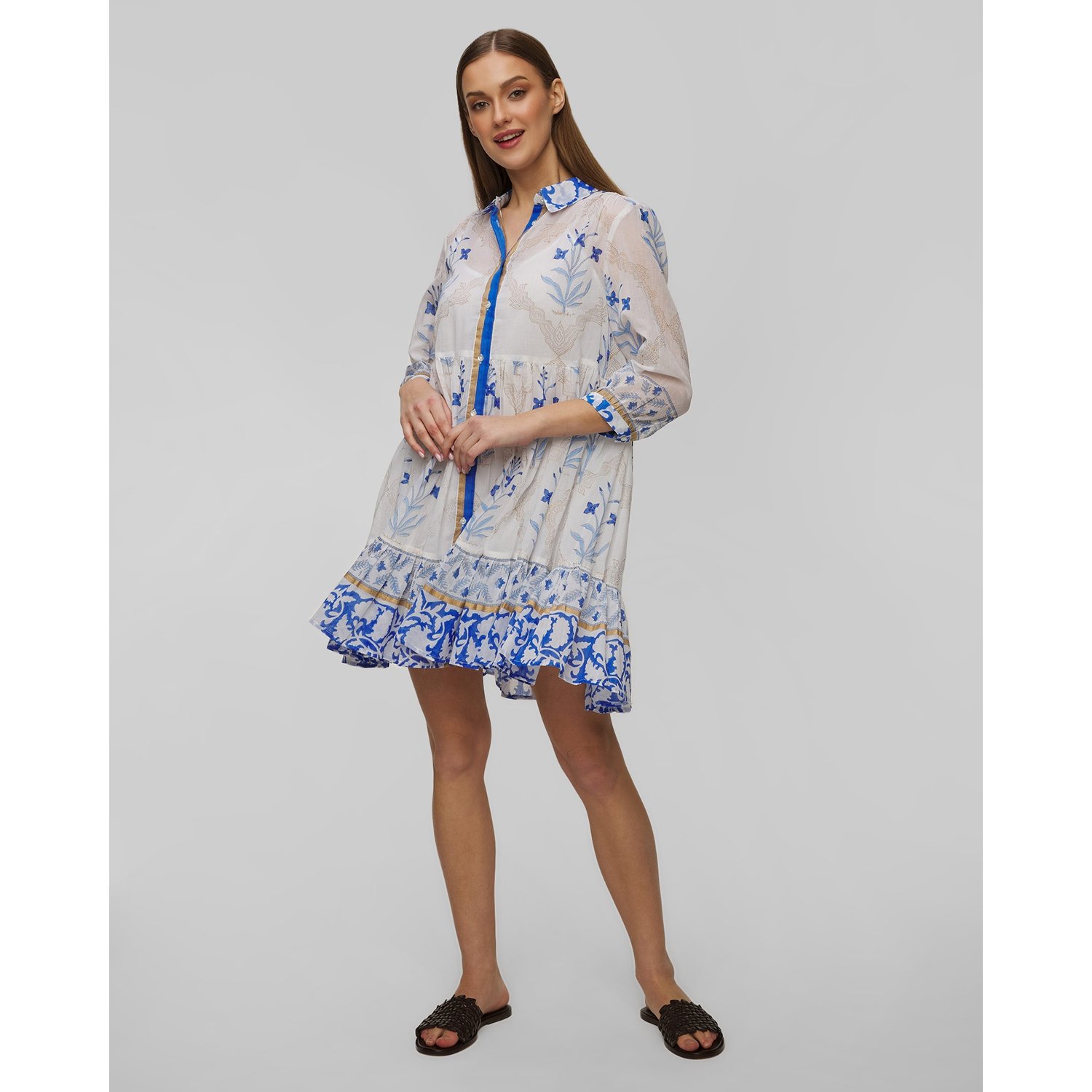 Sukienka Letnia Damska Juliet Dunn Frill Shirt Dress In Blue Cage Block Print
