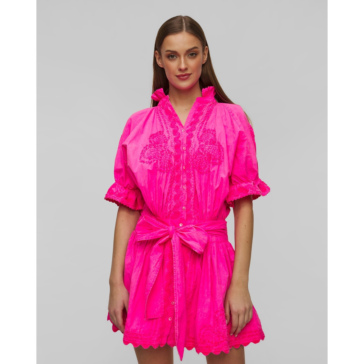 Sukienka Letnia Z Haftem Damska Juliet Dunn Poplin Blouson In Fuchsia With Ric Rac Embroidery