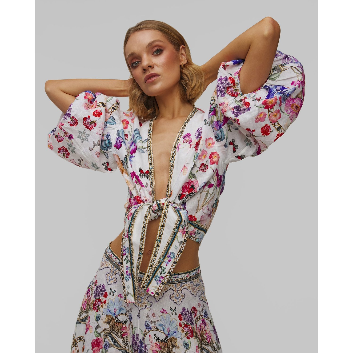 Top Wiązany Lniany Damski Camilla Tie Front Puff Sleeve