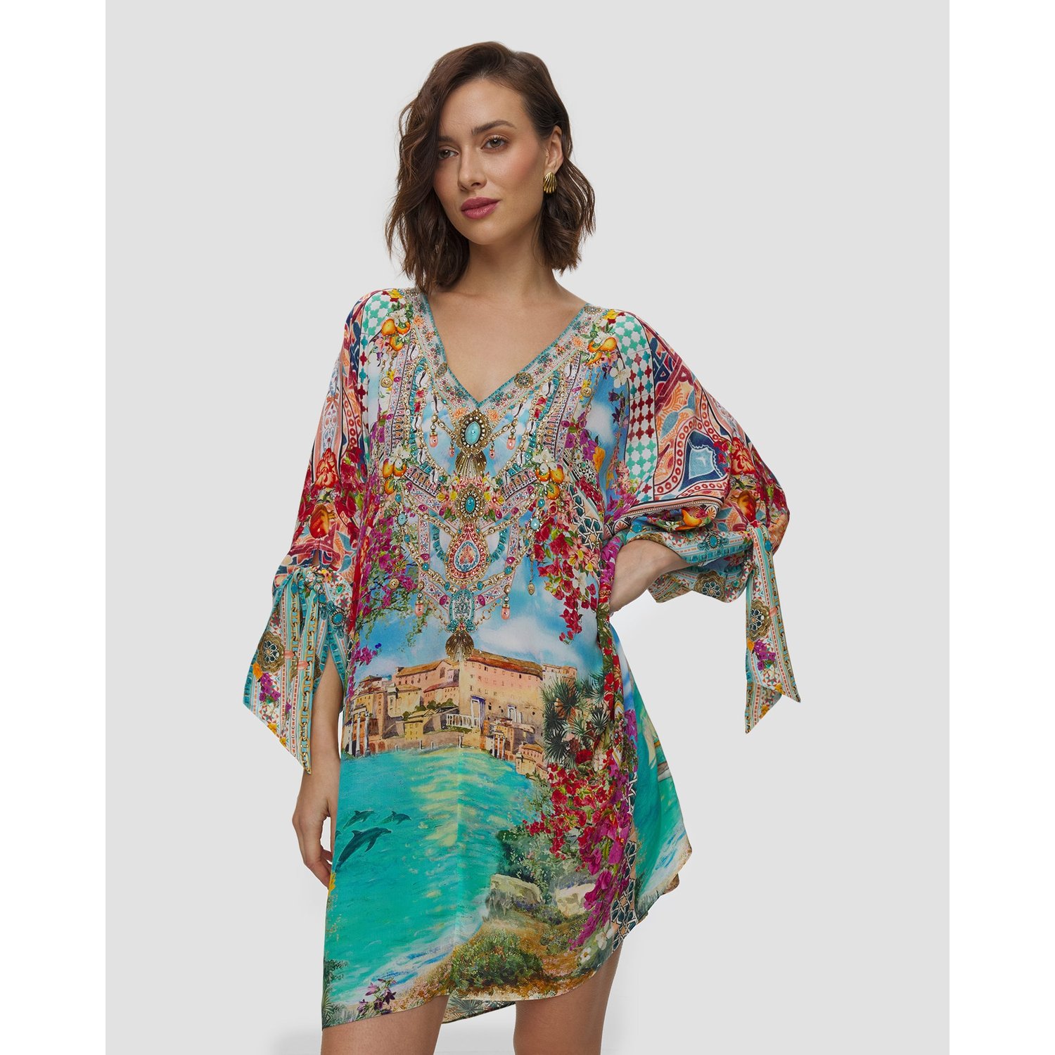 Sukienka Jedwabna Damska Camilla Tie Sleeve Short V Neck Kaftan