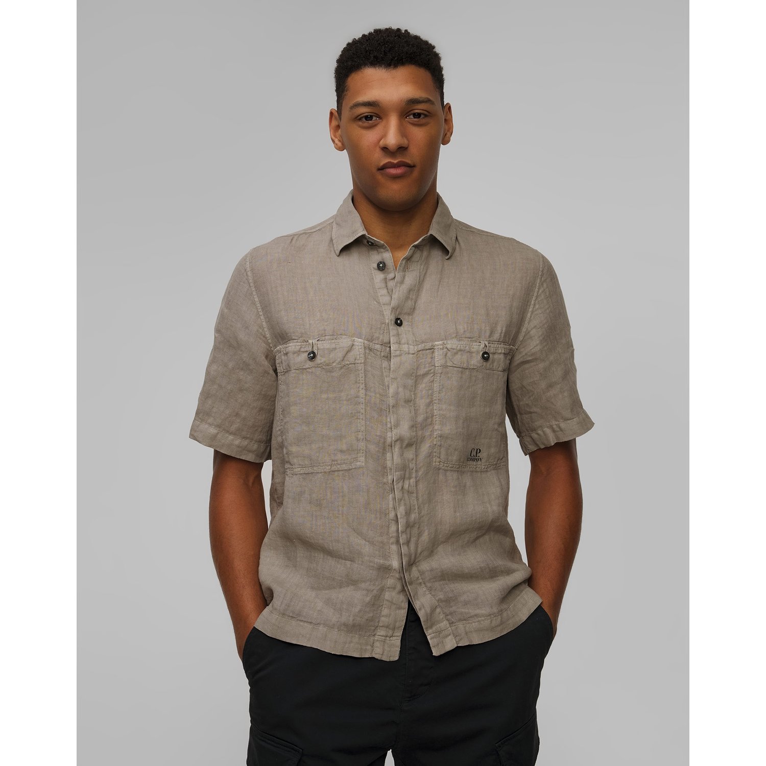 Koszula Lniana Męska C.p. Company Linen Boxy Short Sleeve Shirt Khaki