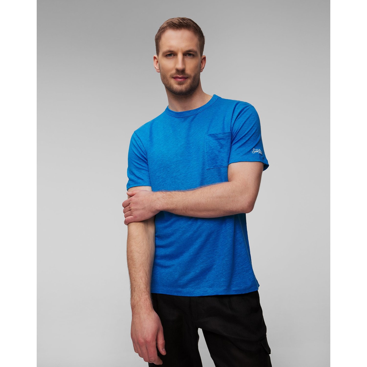 Niebieski T-shirt Lniany Męski Mc2 Saint Barth