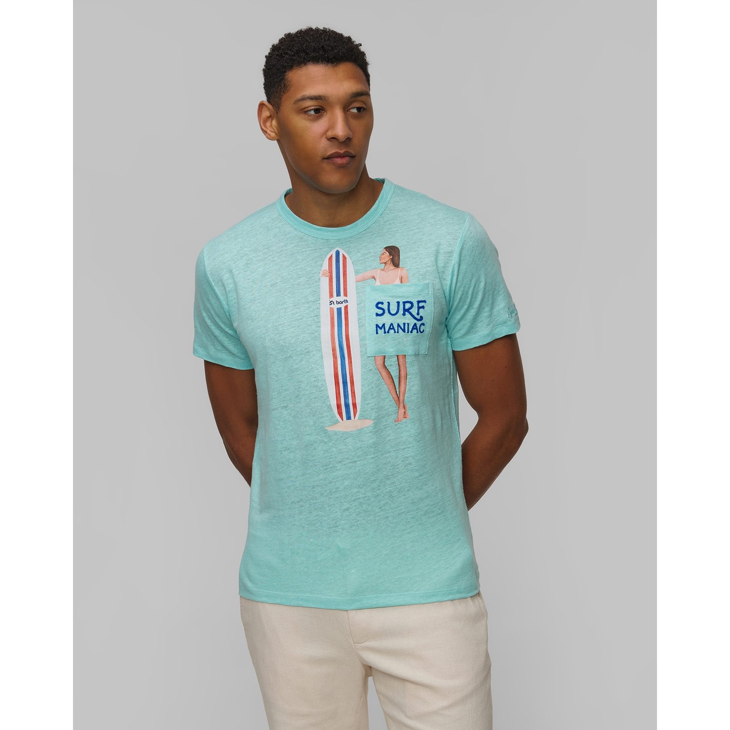 Niebieski T-shirt Lniany Męski Mc2 Saint Barth Ecstasea