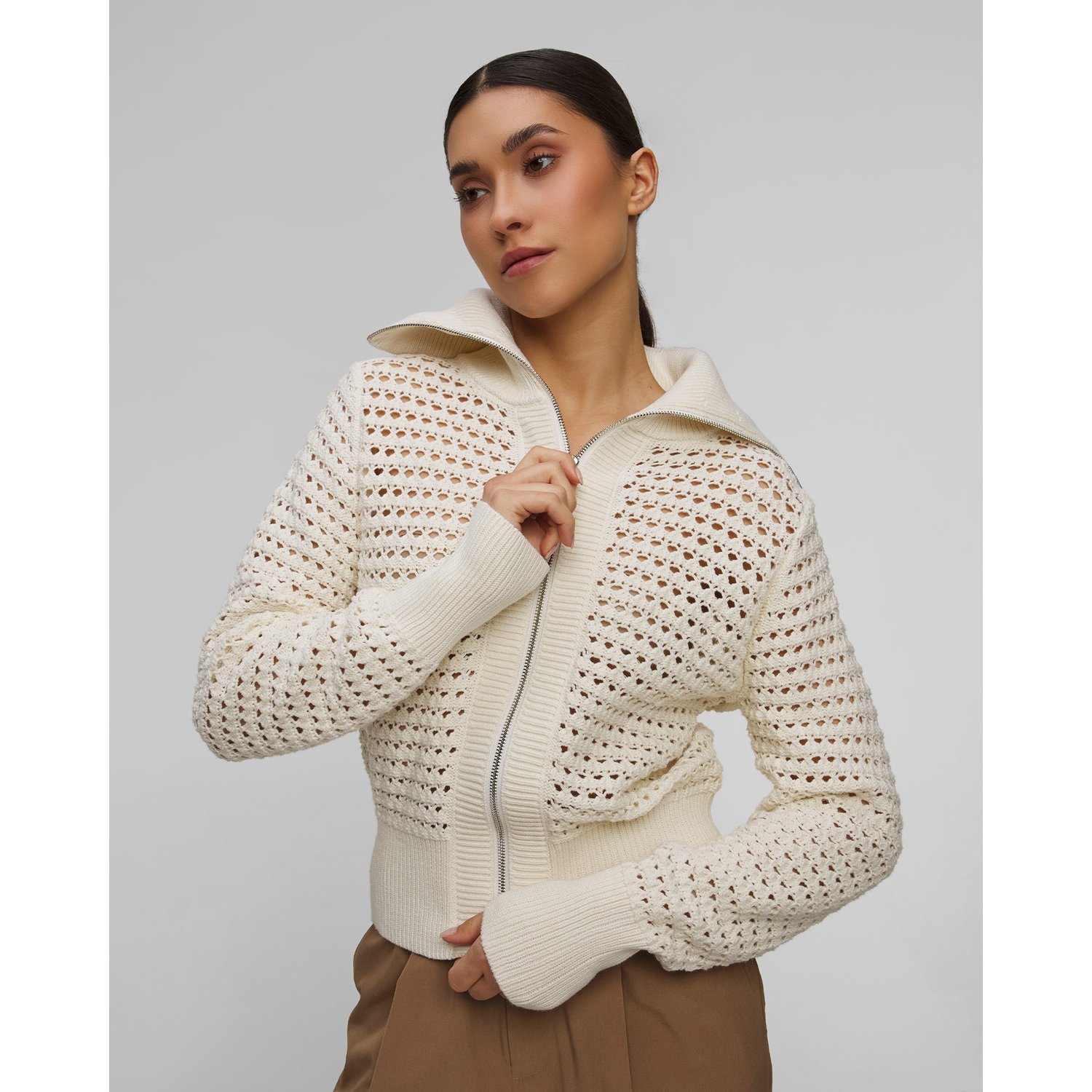 Biały Sweter Damski Varley Eloise Full Zip Knit