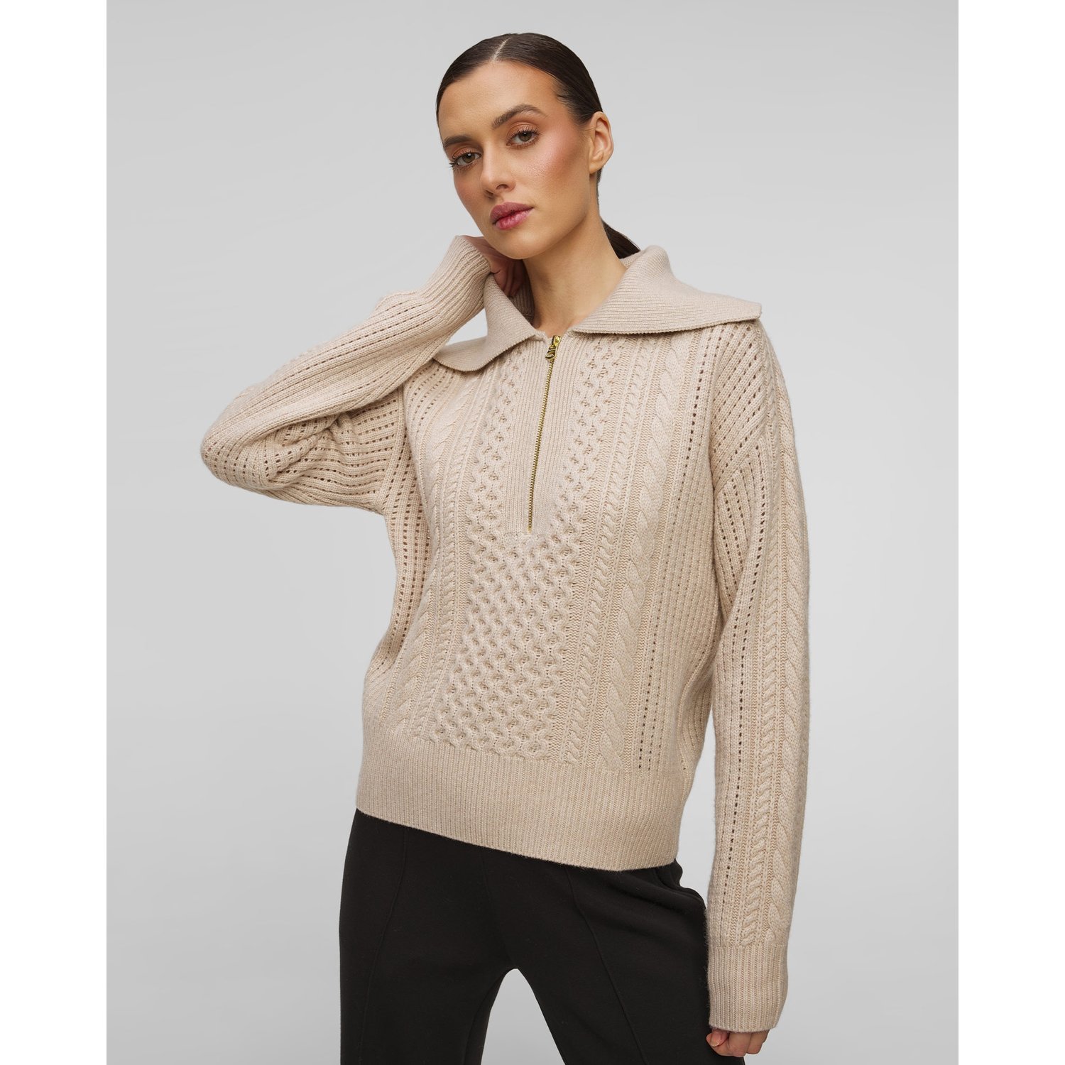 Beżowy Sweter Z Wełną Damski Varley Camello Relaxed Cable Half Zip