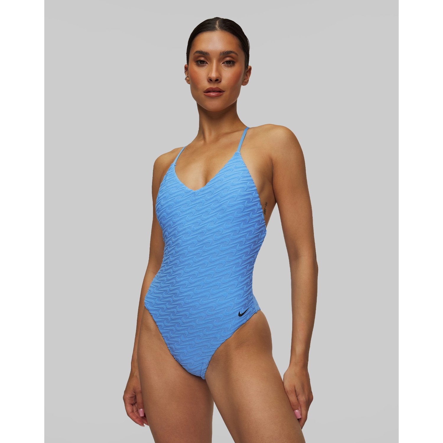 Niebieski Jednoczęściowy Strój Kąpielowy Damski Nike Swim Sport Style Nike Swoosh Link Y-back One Piece