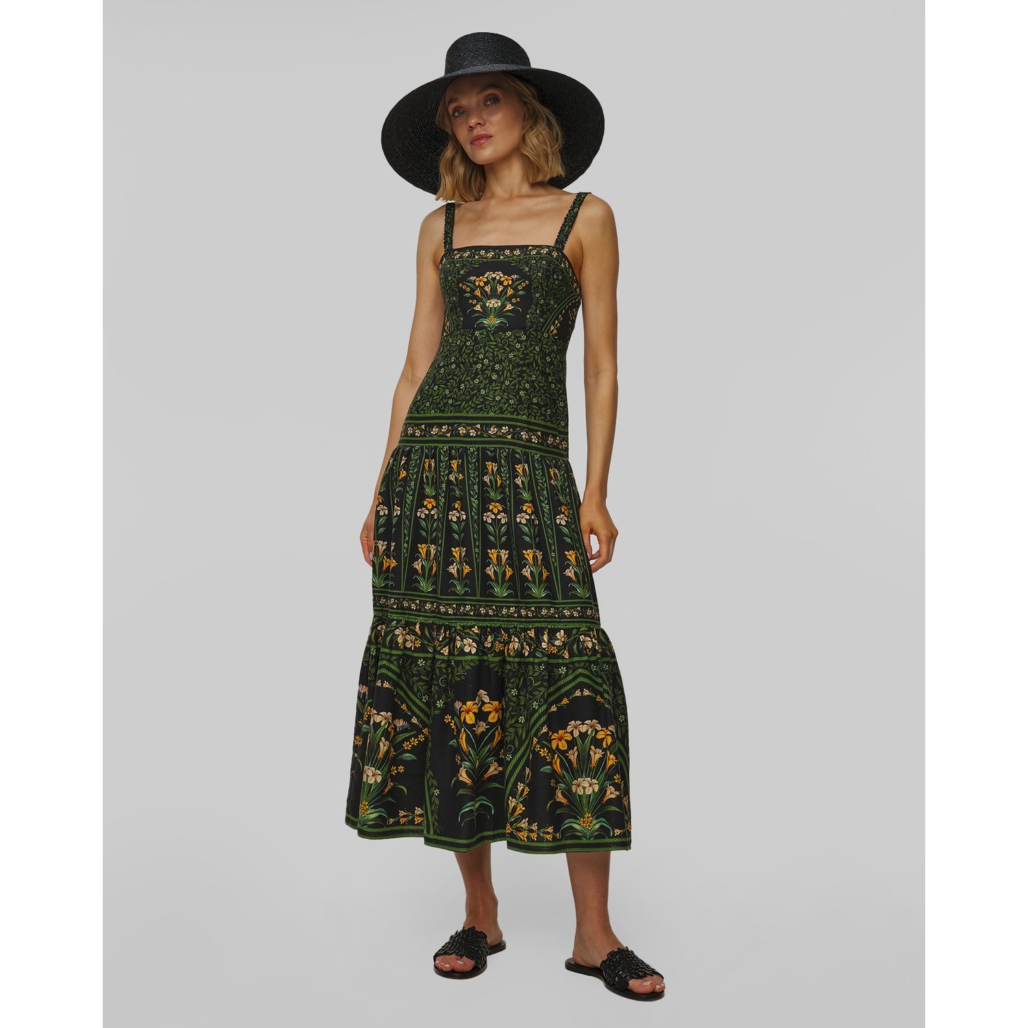 Sukienka Lniana Maxi Farm Rio Black Flowers Arch Lenzing™ Ecovero™
