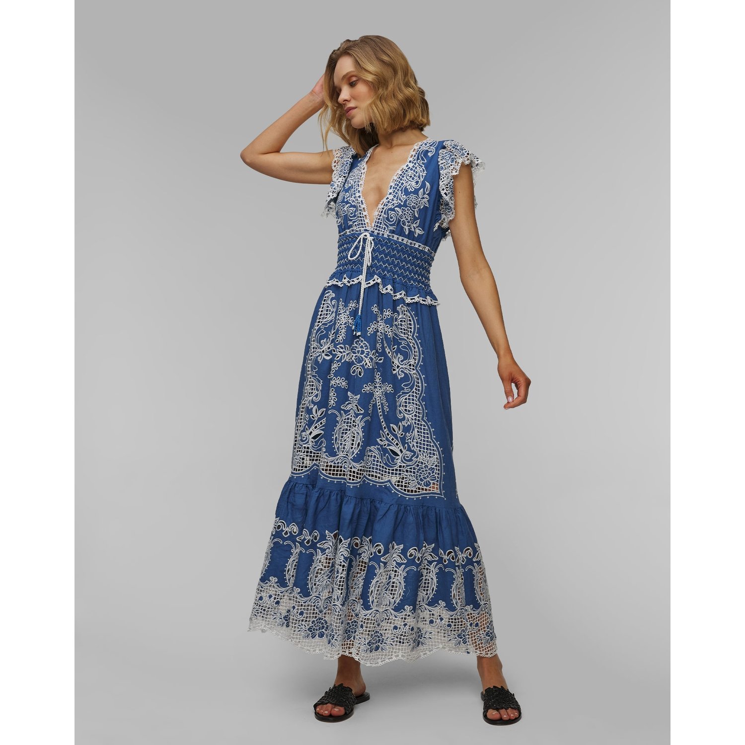 Sukienka Lniana Maxi Farm Rio Blue Romantic Richelieu Lenzing™ Ecovero™