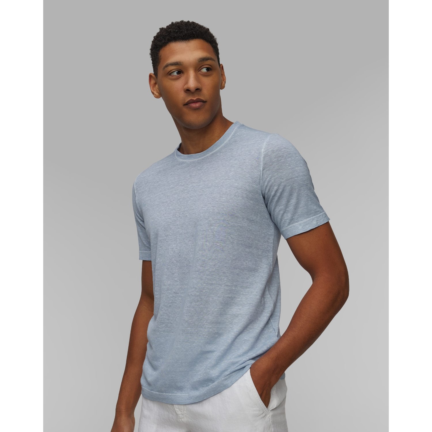 Błękitny T-shirt Męski 120% Lino Crewneck T-shirt