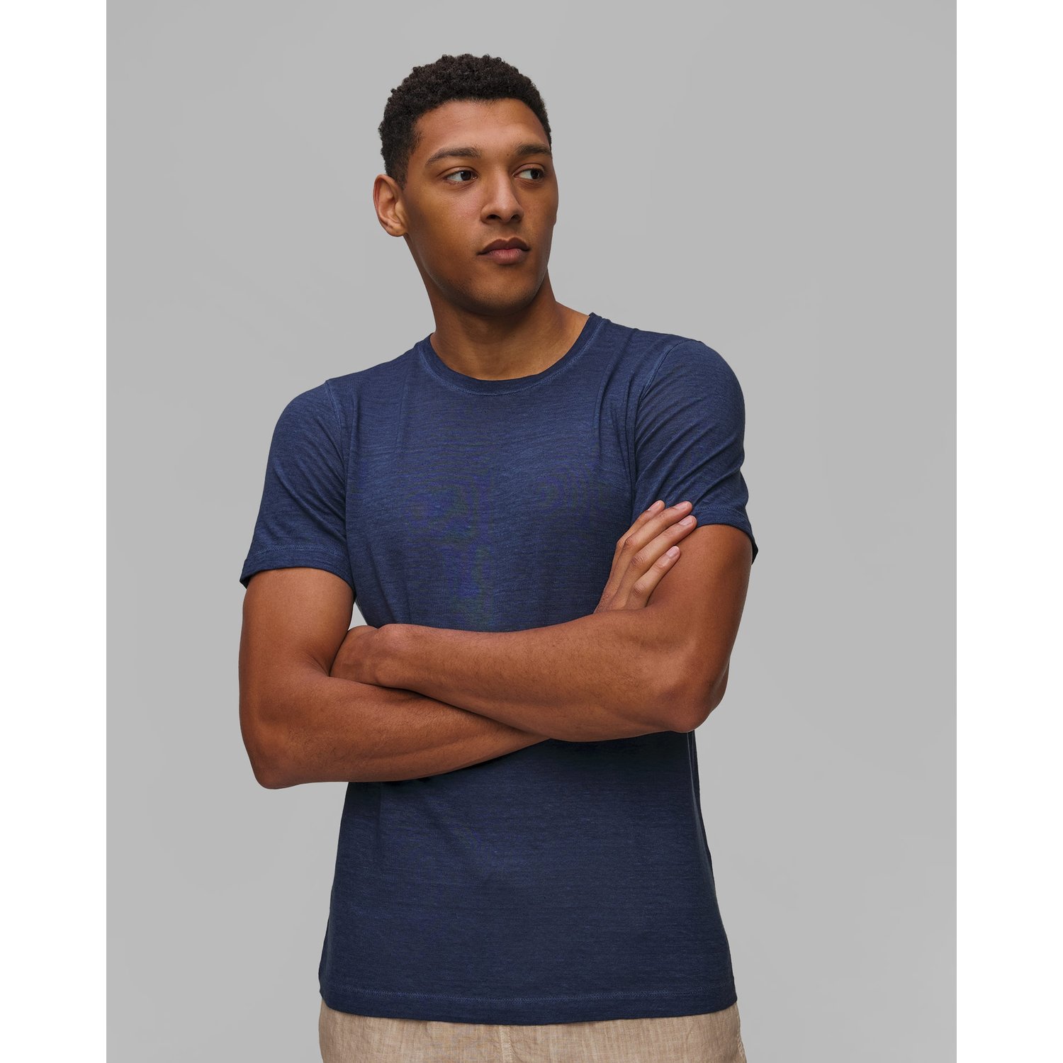 Granatowy T-shirt Męski 120% Lino Crewneck T-shirt