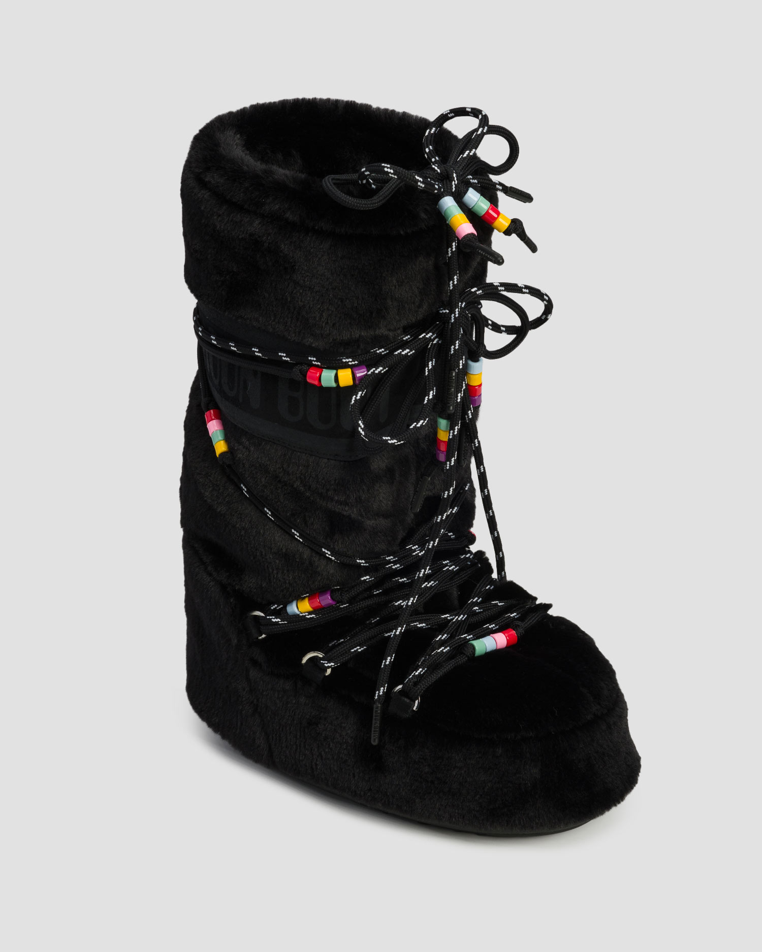Women's black furry winter boots Moon Boot Icon Faux Fur Beads