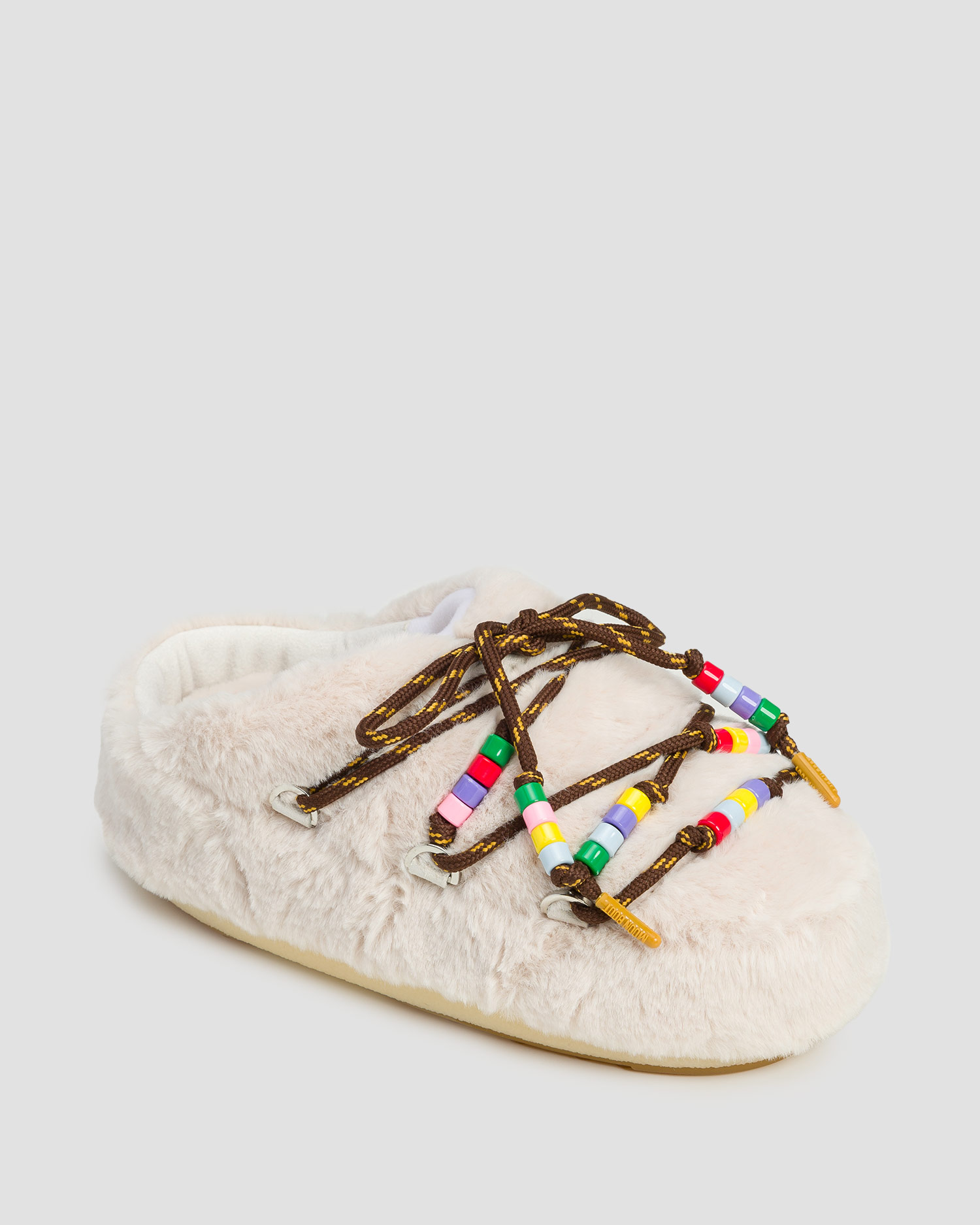 Women’s beige fur slippers Moon Boot Mule Faux Fur Beads