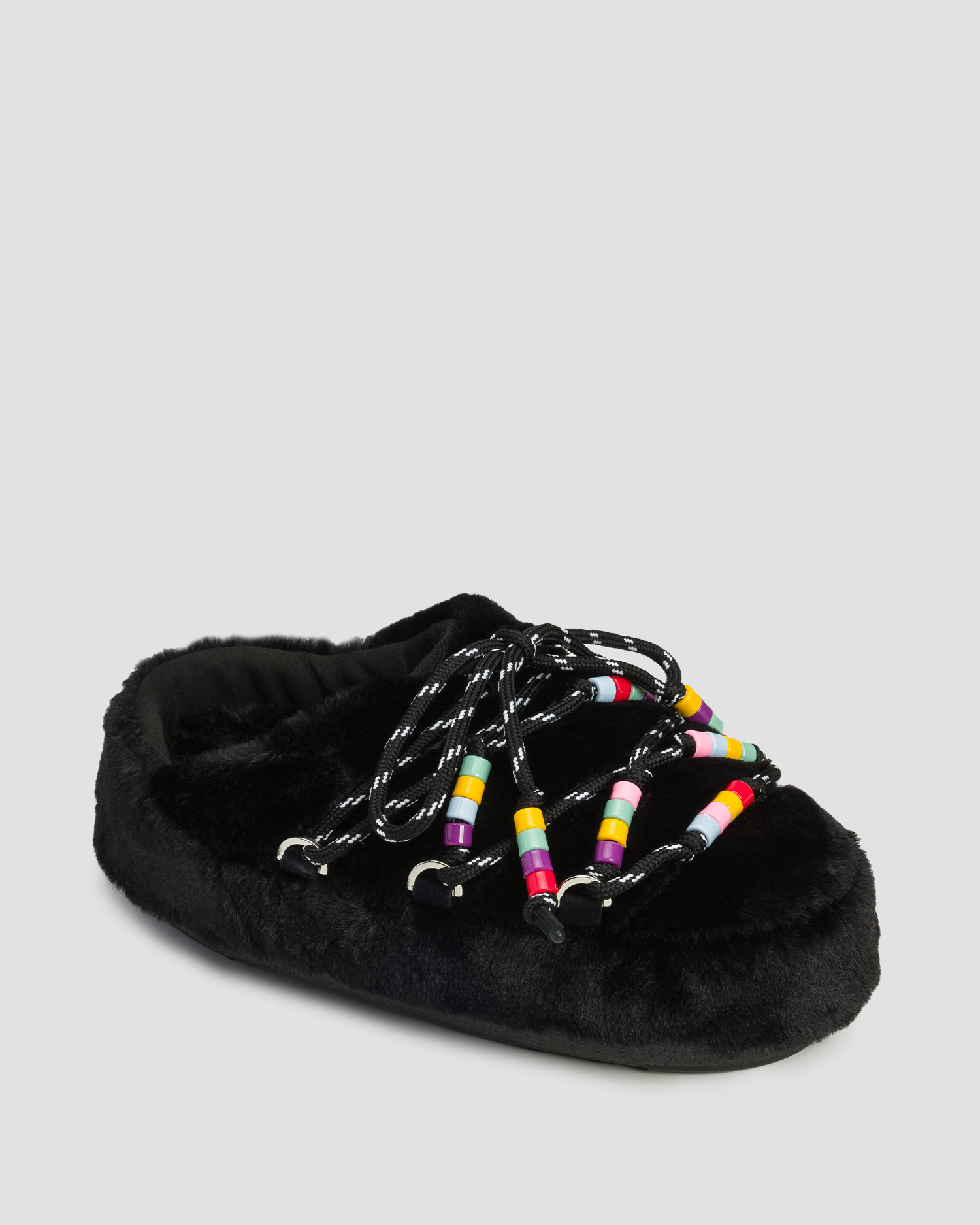 Women’s black fur slippers Moon Boot Mule Faux Fur Beads