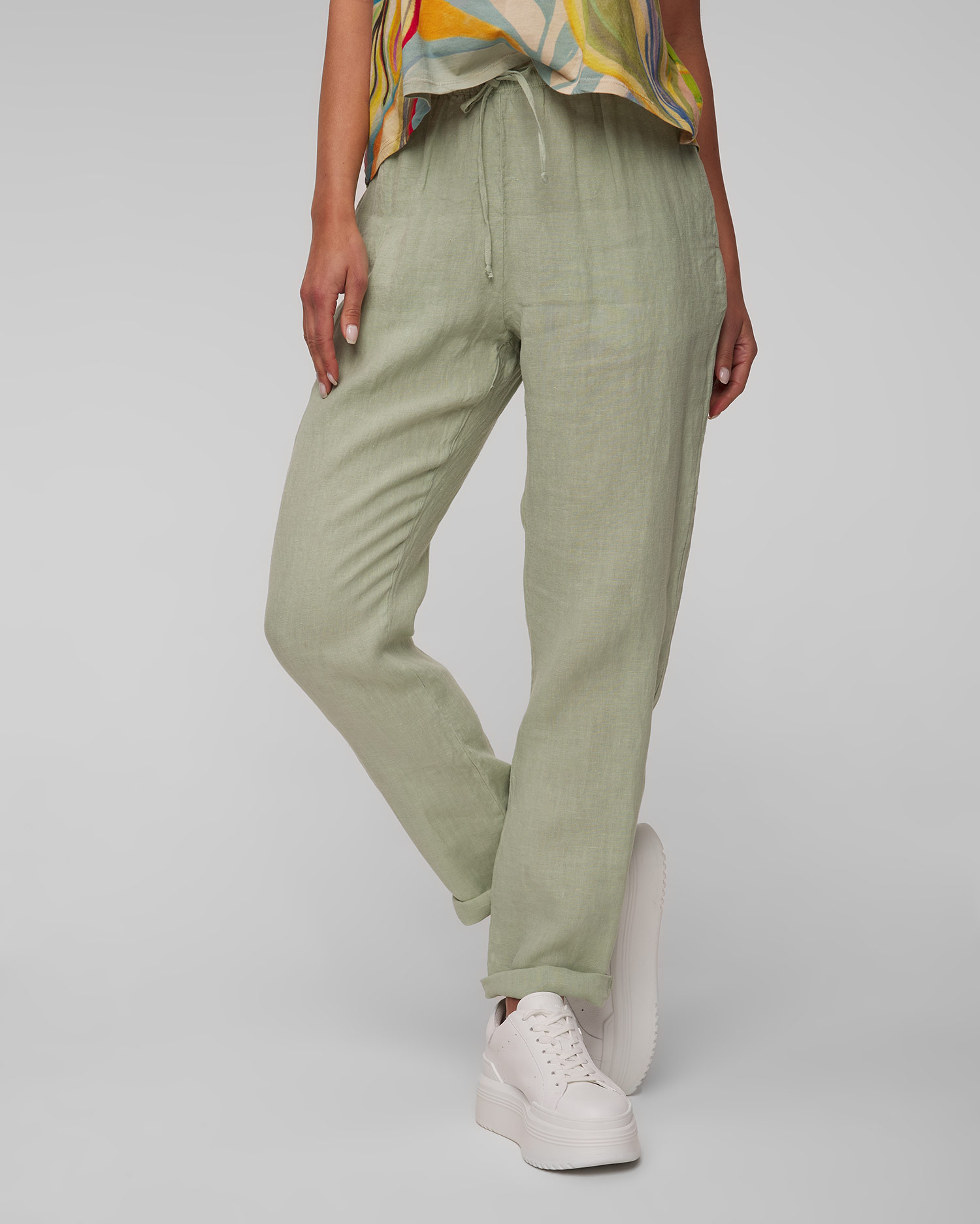Pantalon en lin vert pour femmes Deha, Couleur: Zielony