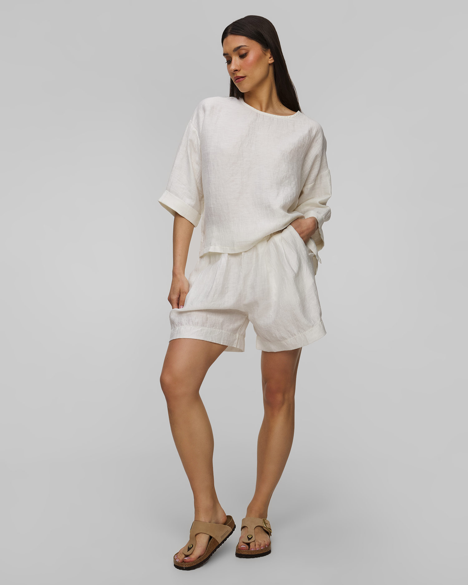 Short en lin pour femmes Deha, Couleur: Biały
