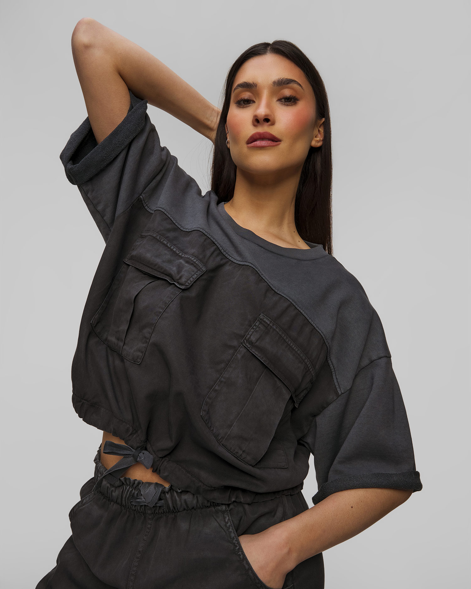 Sweat-shirt à manches courtes noir pour femmes Deha