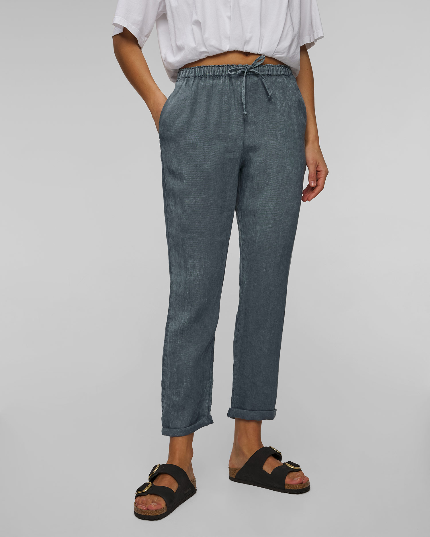 Dámske tyrkysové ľanové nohavice Deha, Farba-Vzor: Niebieski