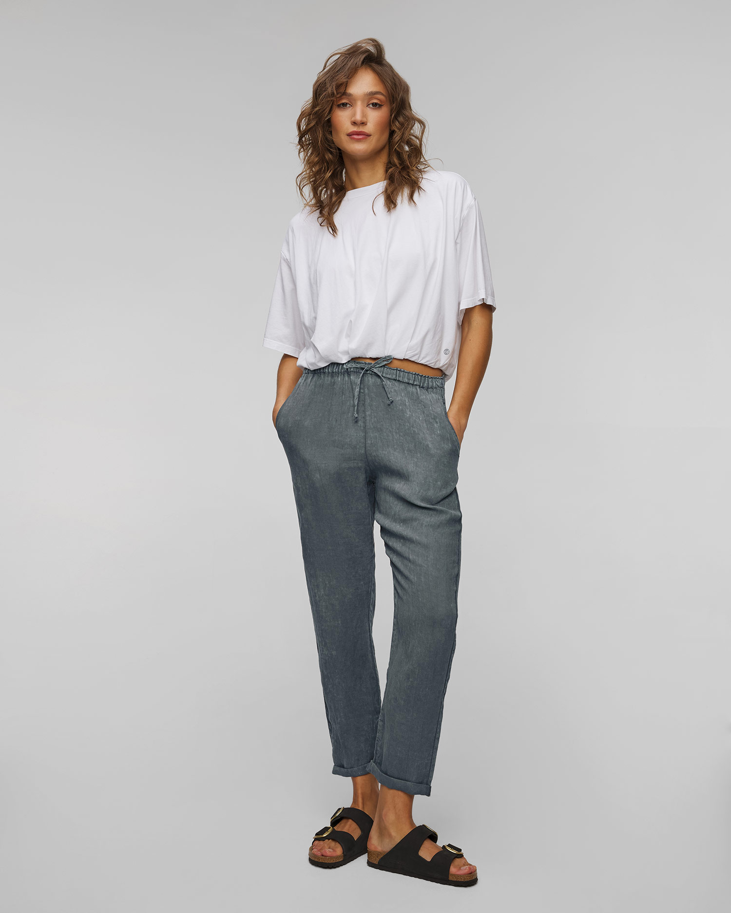 Dámske tyrkysové ľanové nohavice Deha