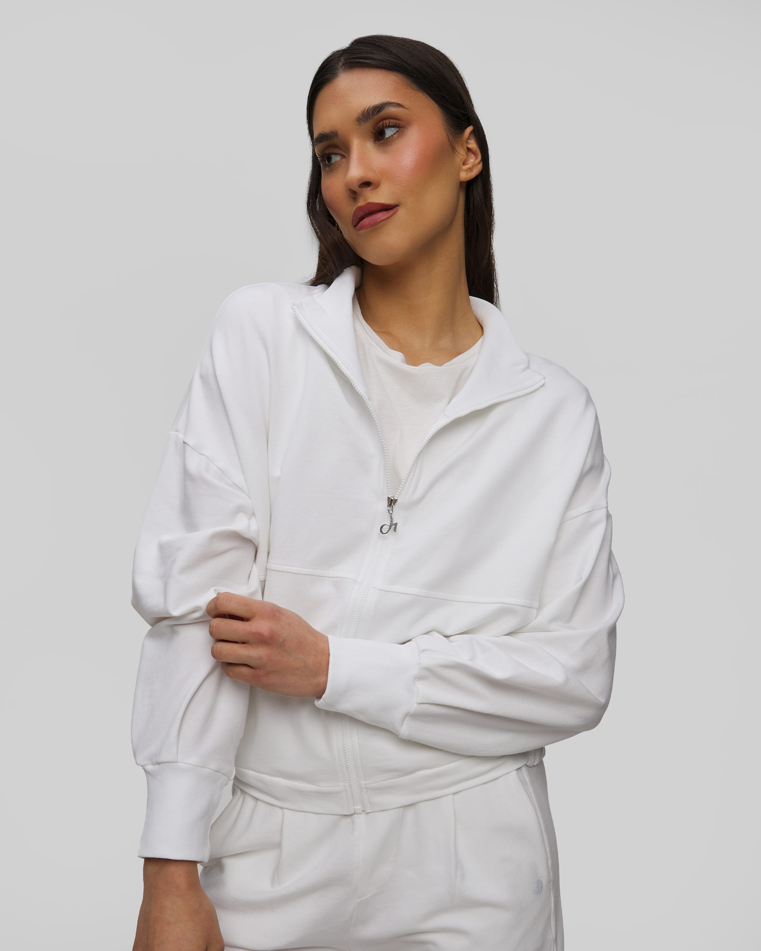 Sweat-shirt zippé blanc avec lin pour femmes Deha