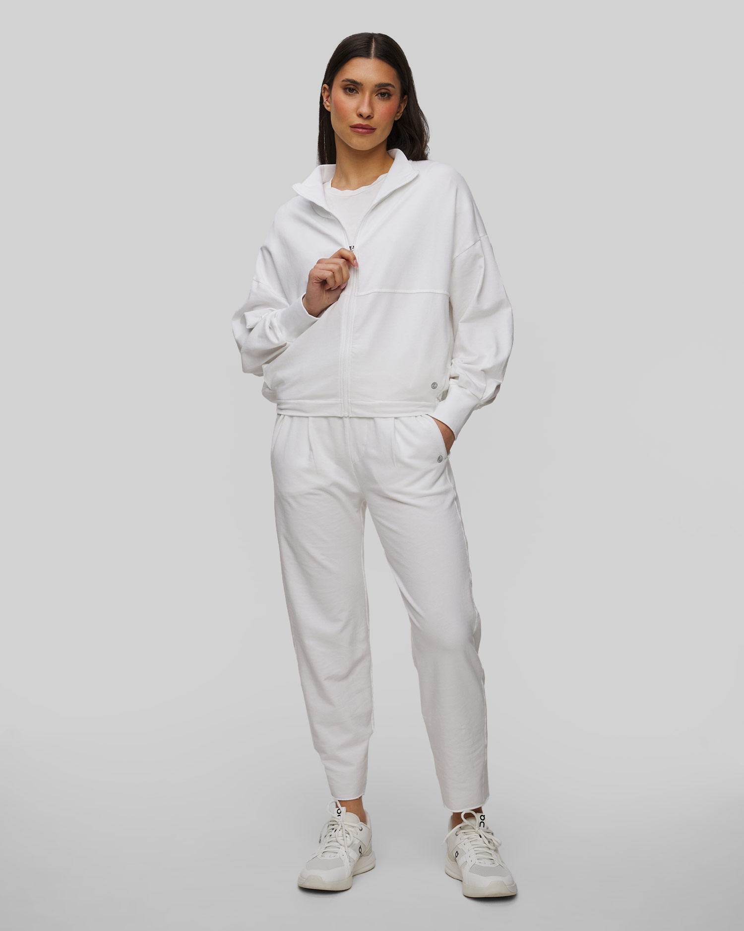 Felpa bianca con cerniera con lino da donna Deha, Colore/Disegno: Biały