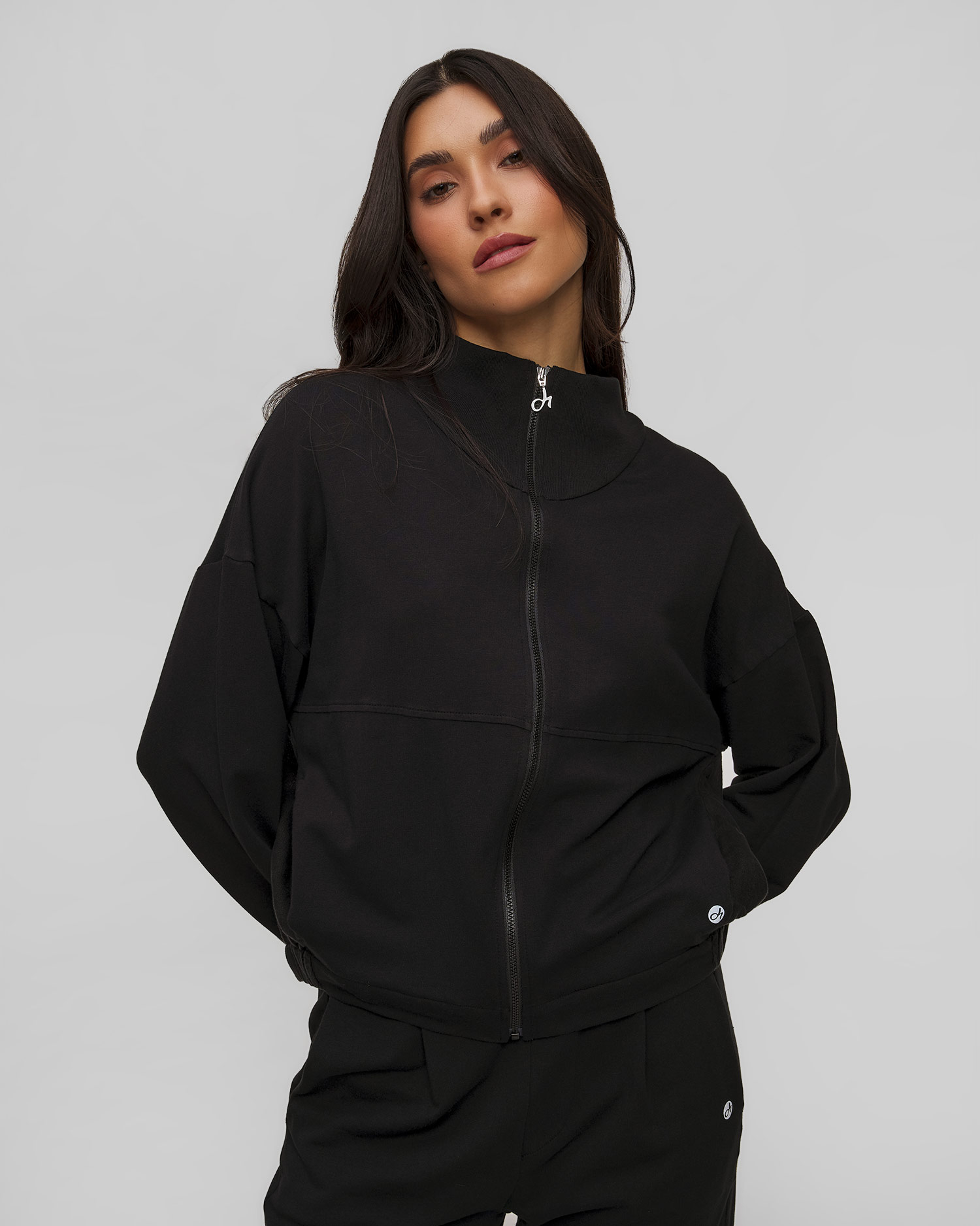 Sweat-shirt zippé noir avec lin pour femmes Deha