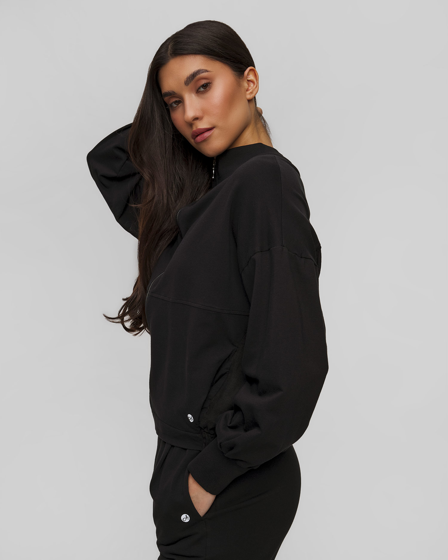 Sweat-shirt zippé noir avec lin pour femmes Deha
