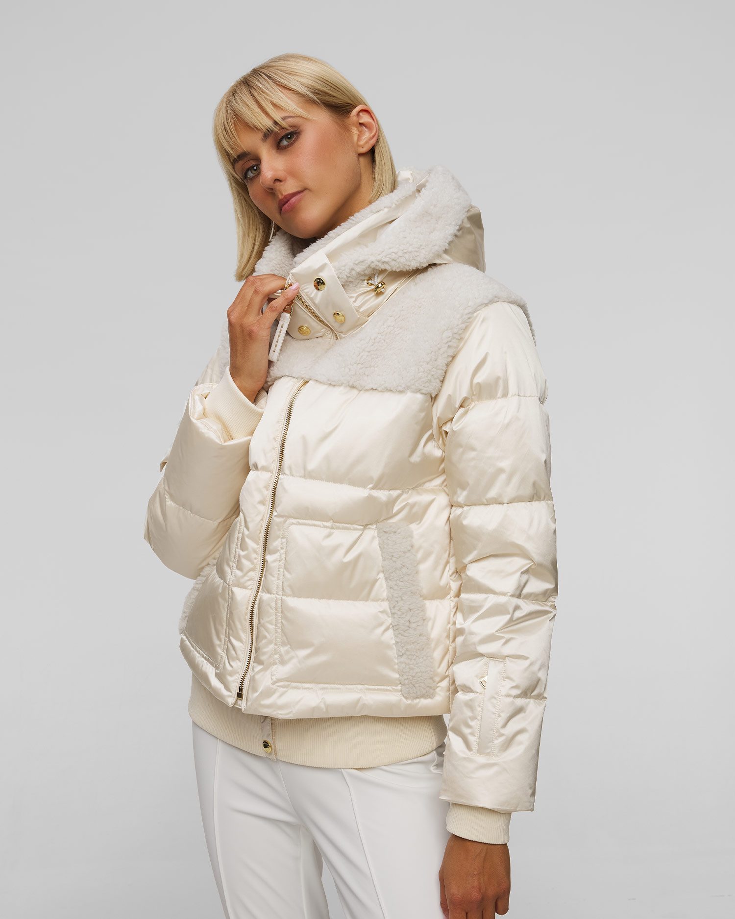 Beżowa kurtka narciarska z futerkiem damska BOGNER Dia-Ld