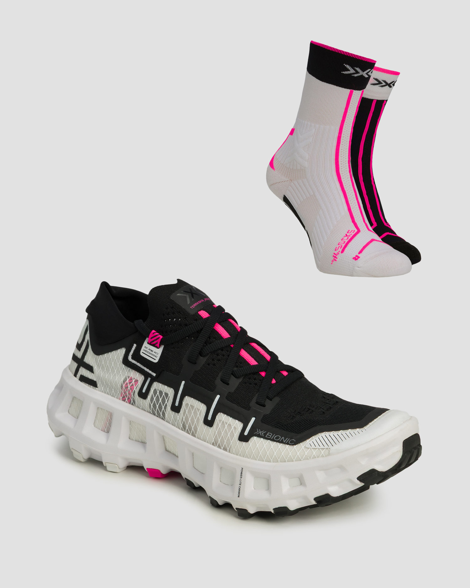 Pantofi de alergare trail unisex X-Bionic Terraskin X00/C + șosete tehnice, Culoare/Model: Biały,Czarny