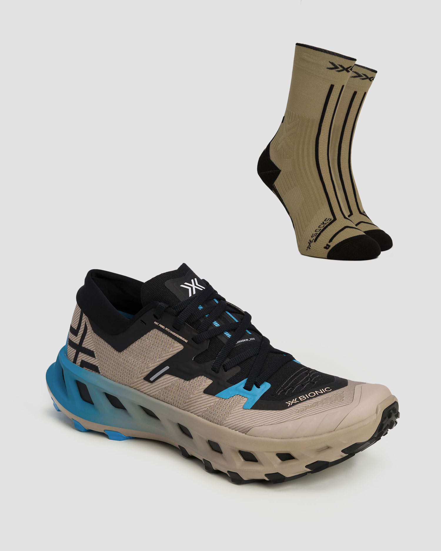 Pantofi de alergare trail X-Bionic Terraskin X02 + șosete tehnice, Culoare/Model: Beżowy,Czarny