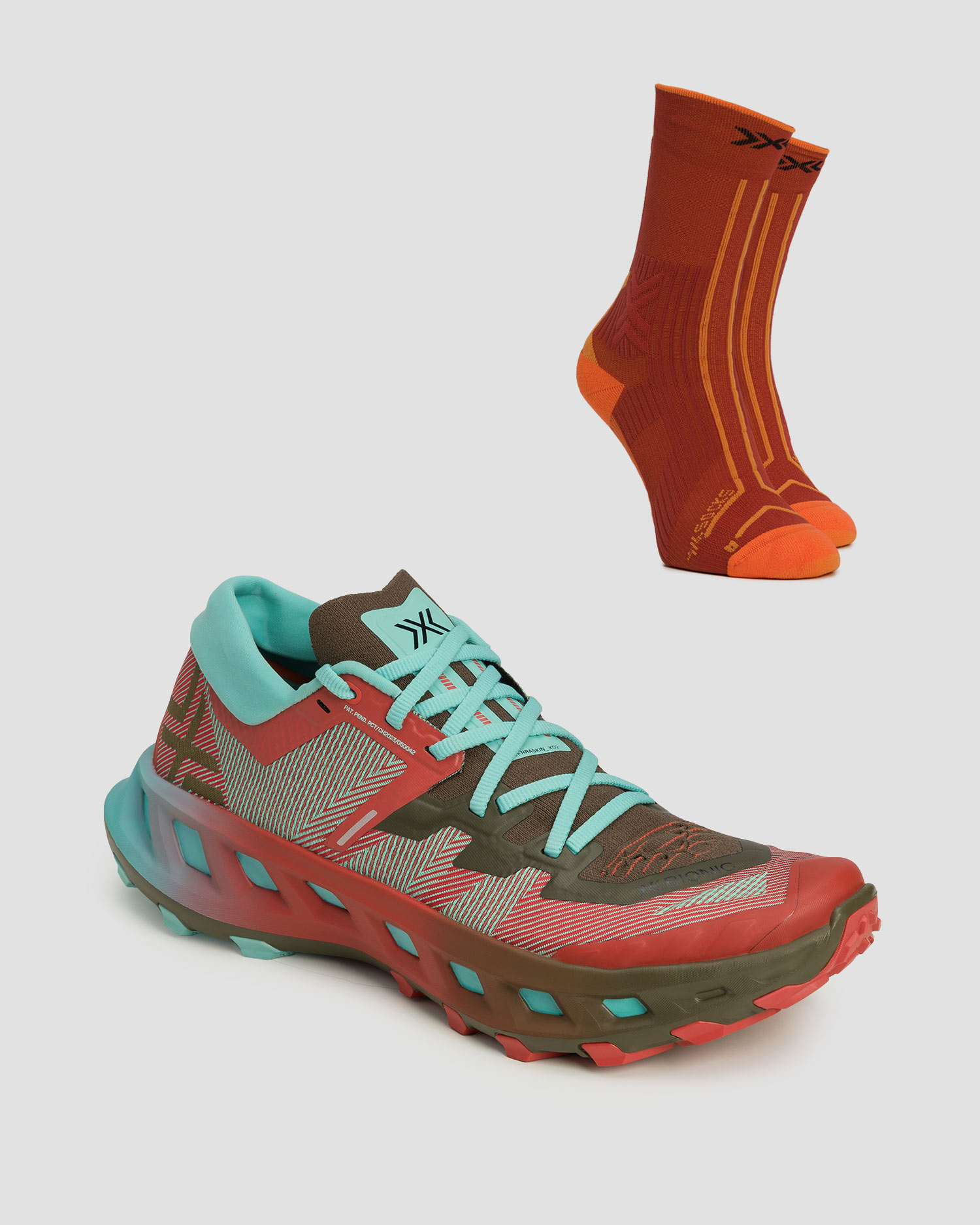 Pantofi de alergare trail unisex X-Bionic Terraskin X02 + șosete tehnice, Culoare/Model: Brązowy,Czerwony,Multikolor,Niebieski,Zielony
