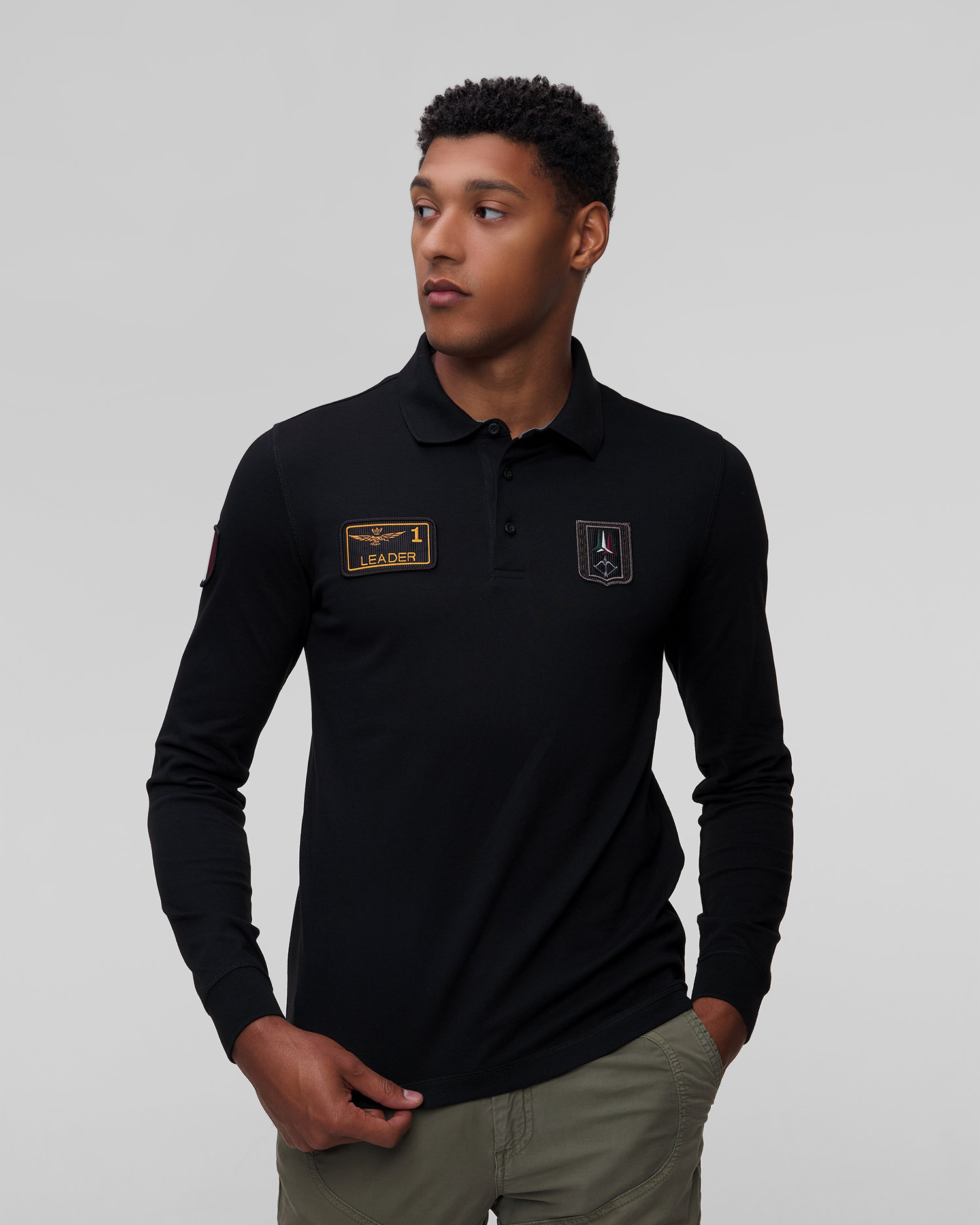 Polo à manches longues noir pour hommes Aeronautica Militare