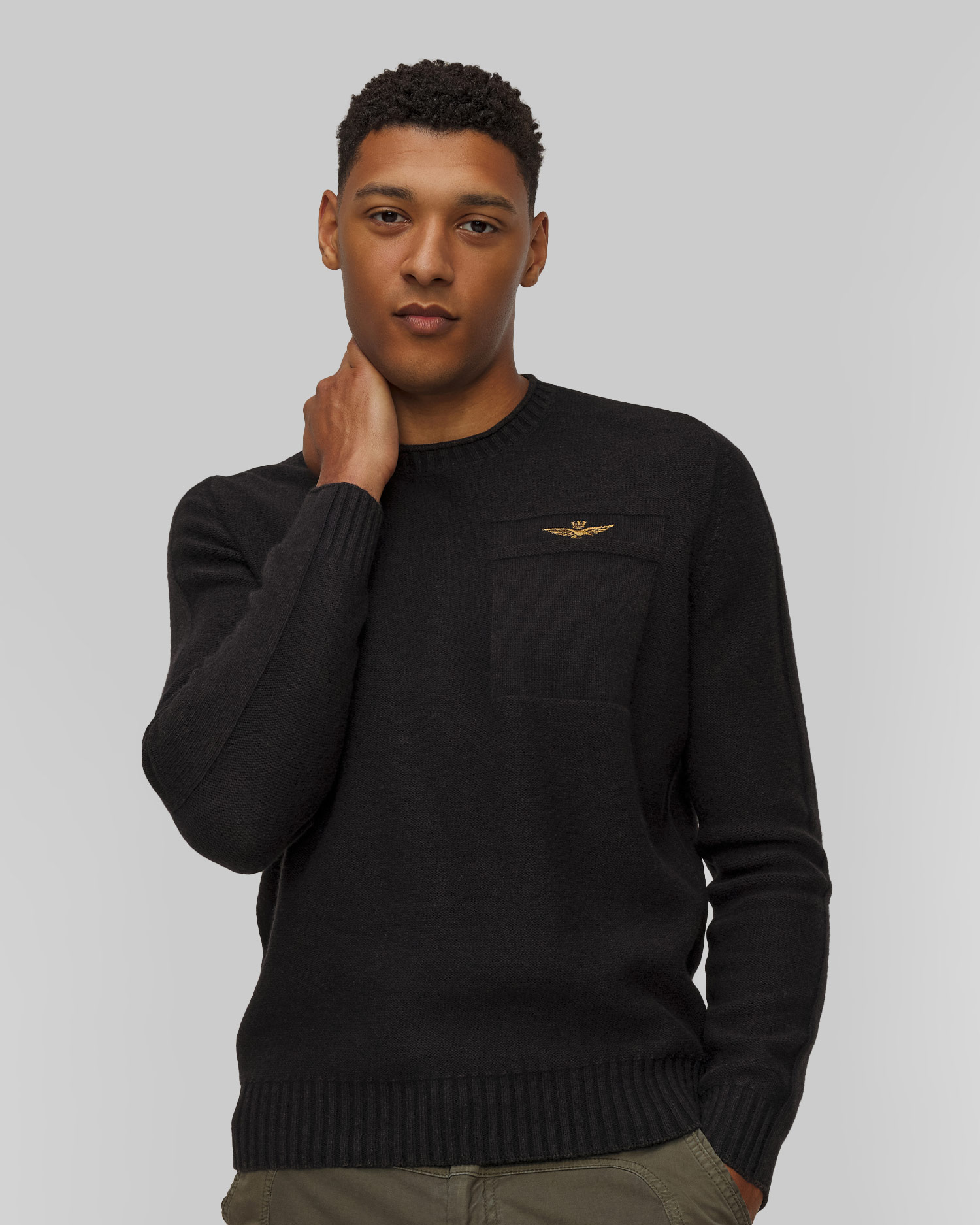 Maglione nero in lana da uomo Aeronautica Militare