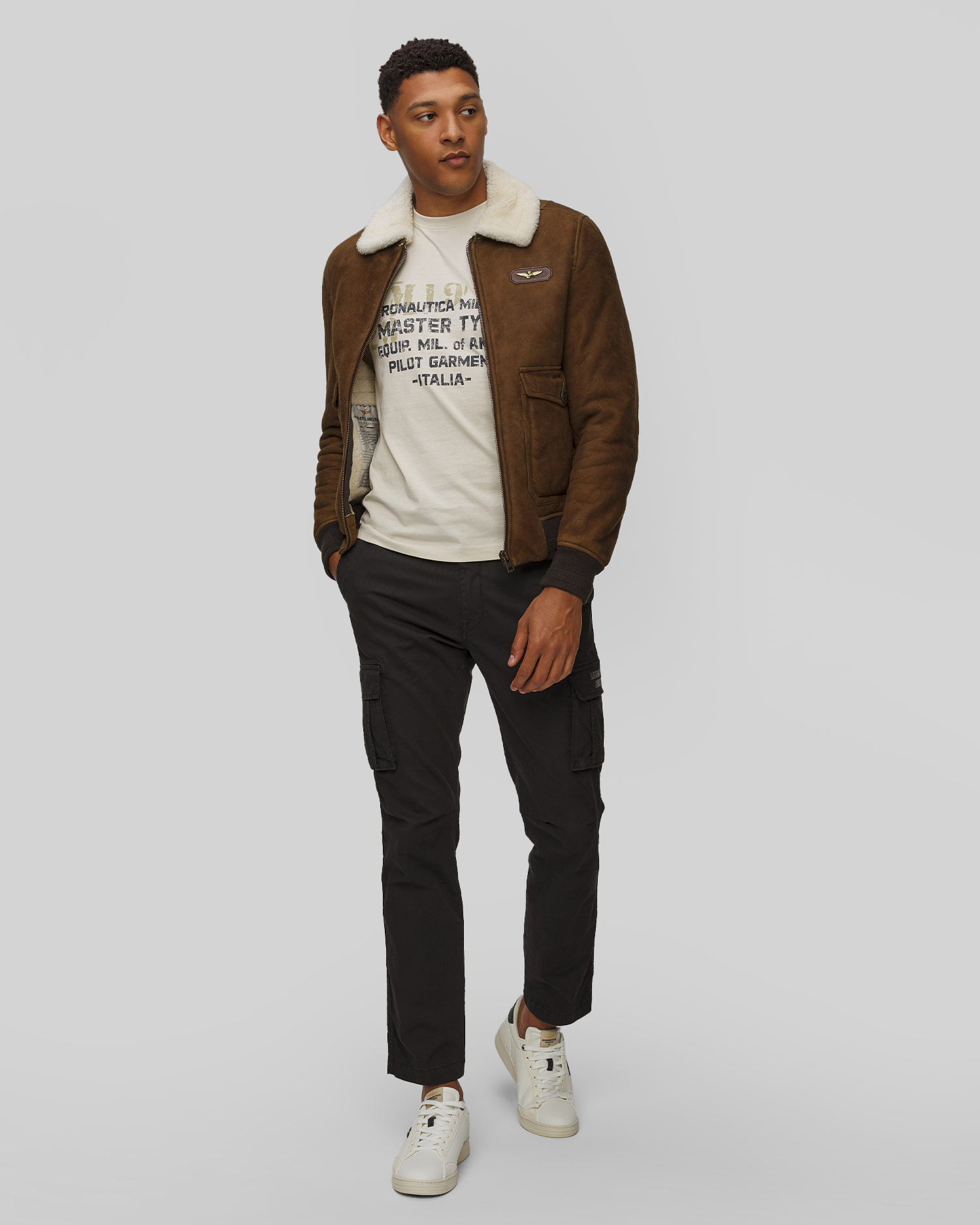 Hnědá kožená pánská bunda Aeronautica Militare