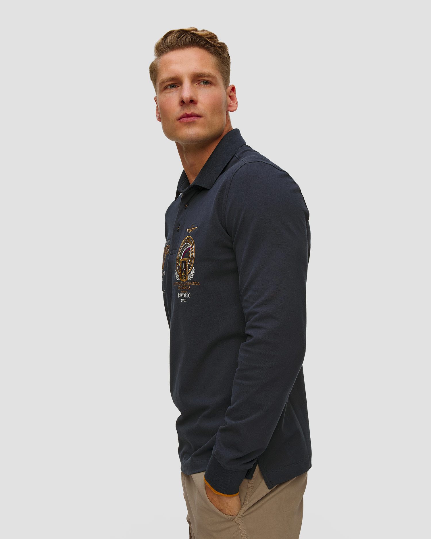 Granatowe polo z długim rękawem męskie Aeronautica Militare