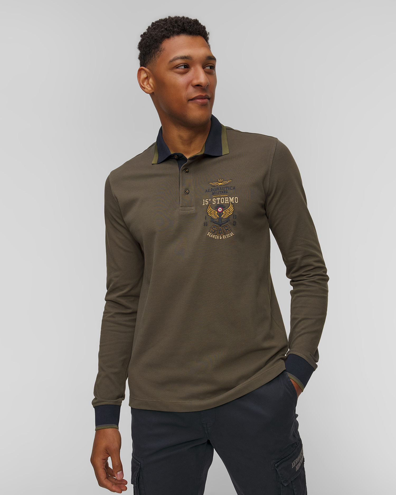 Pánske zelené polo tričko s dlhým rukávom Aeronautica Militare