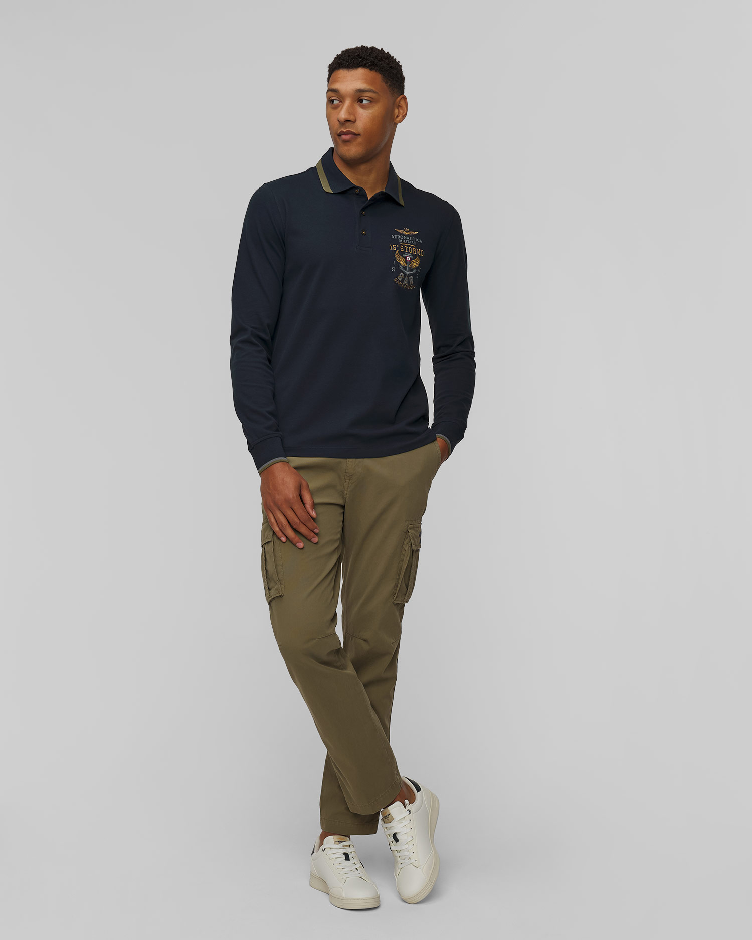 Men's navy blue long sleeve polo Aeronautica Militare