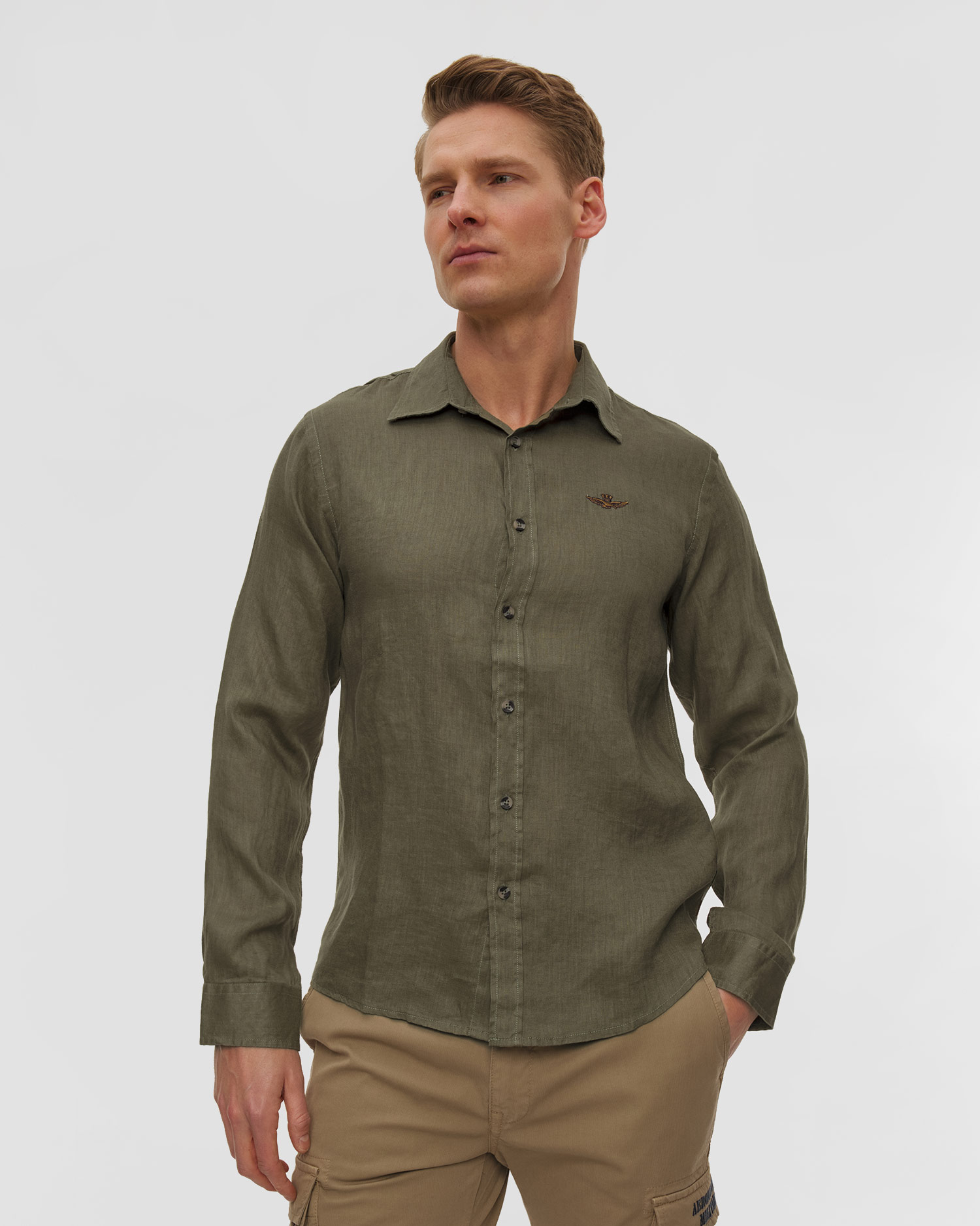 Camicia in lino da uomo Aeronautica Militare, Colore/Disegno: Zielony
