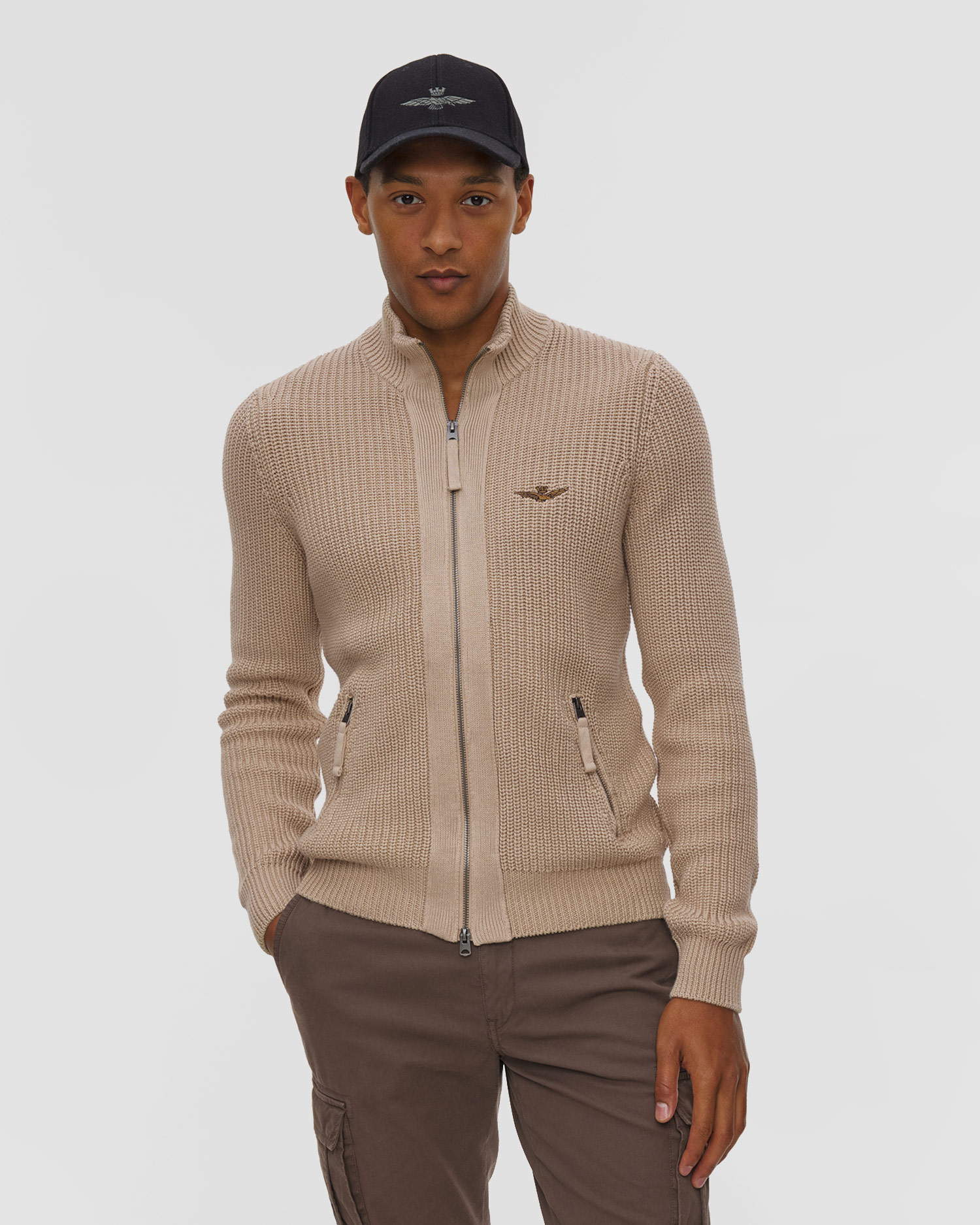 Pull avec zip beige pour hommes Aeronautica Militare