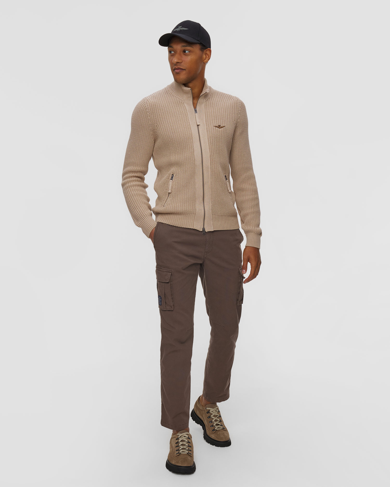 Pull avec zip beige pour hommes Aeronautica Militare
