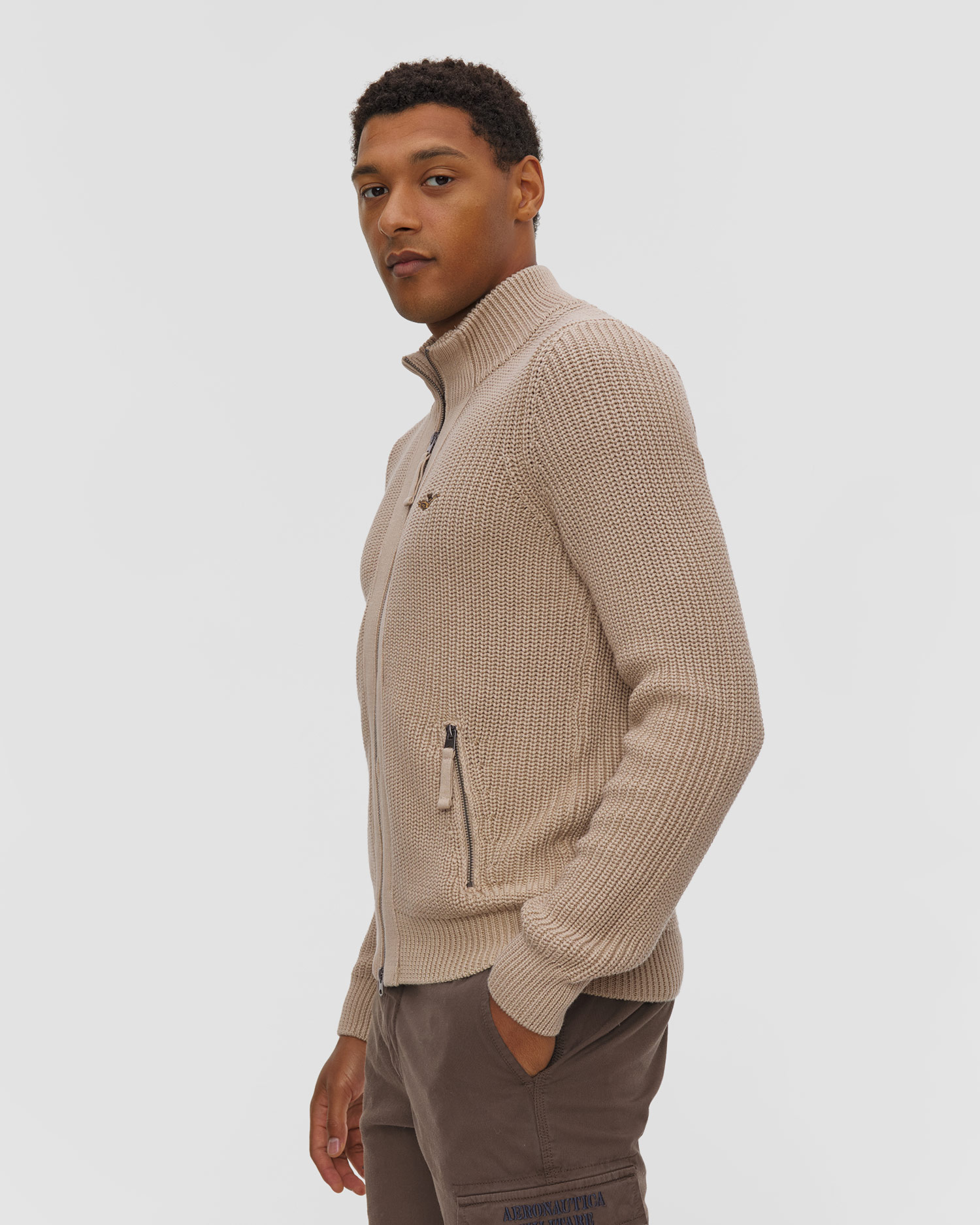 Pull avec zip beige pour hommes Aeronautica Militare